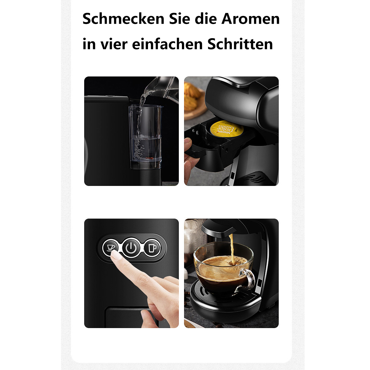 Kaffeemaschine Benutzungsschritte. Wasser einfüllen, Kapsel einlegen, Knopf drücken, Kaffee gießen. Weißer Hintergrund.