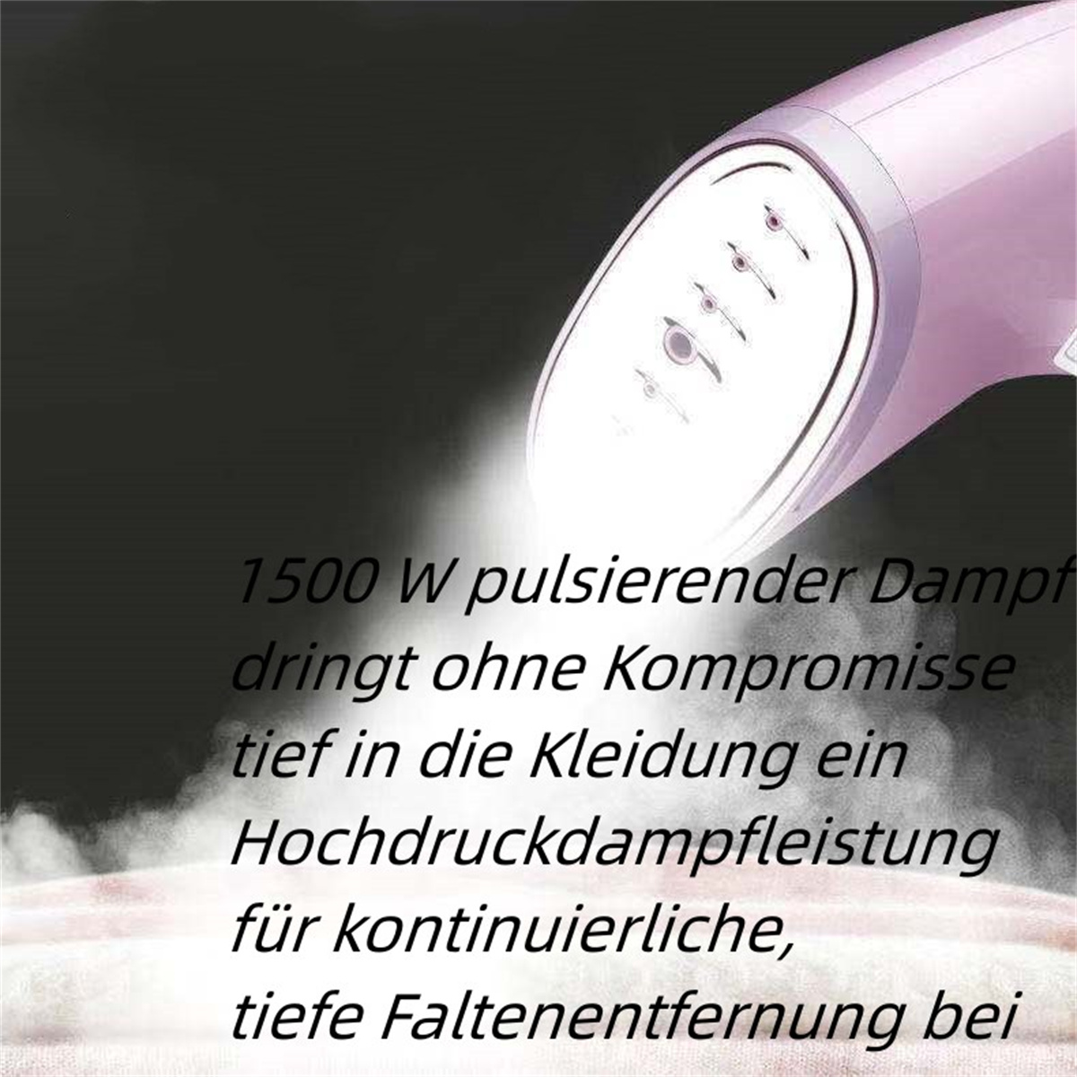 Ein weißer und rosa Kleidungsdampfer mit Text, der seine Funktionen beschreibt. Es ist auf dunklem Hintergrund.