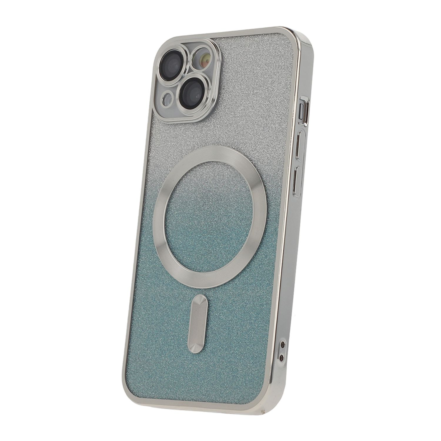 Una custodia per telefono argento e blu con un anello per fotocamera argento.