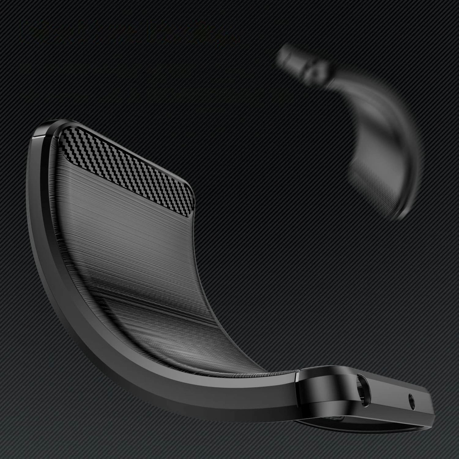 Custodia nera per telefono con parte superiore in fibra di carbonio e design curvo su sfondo strutturato.