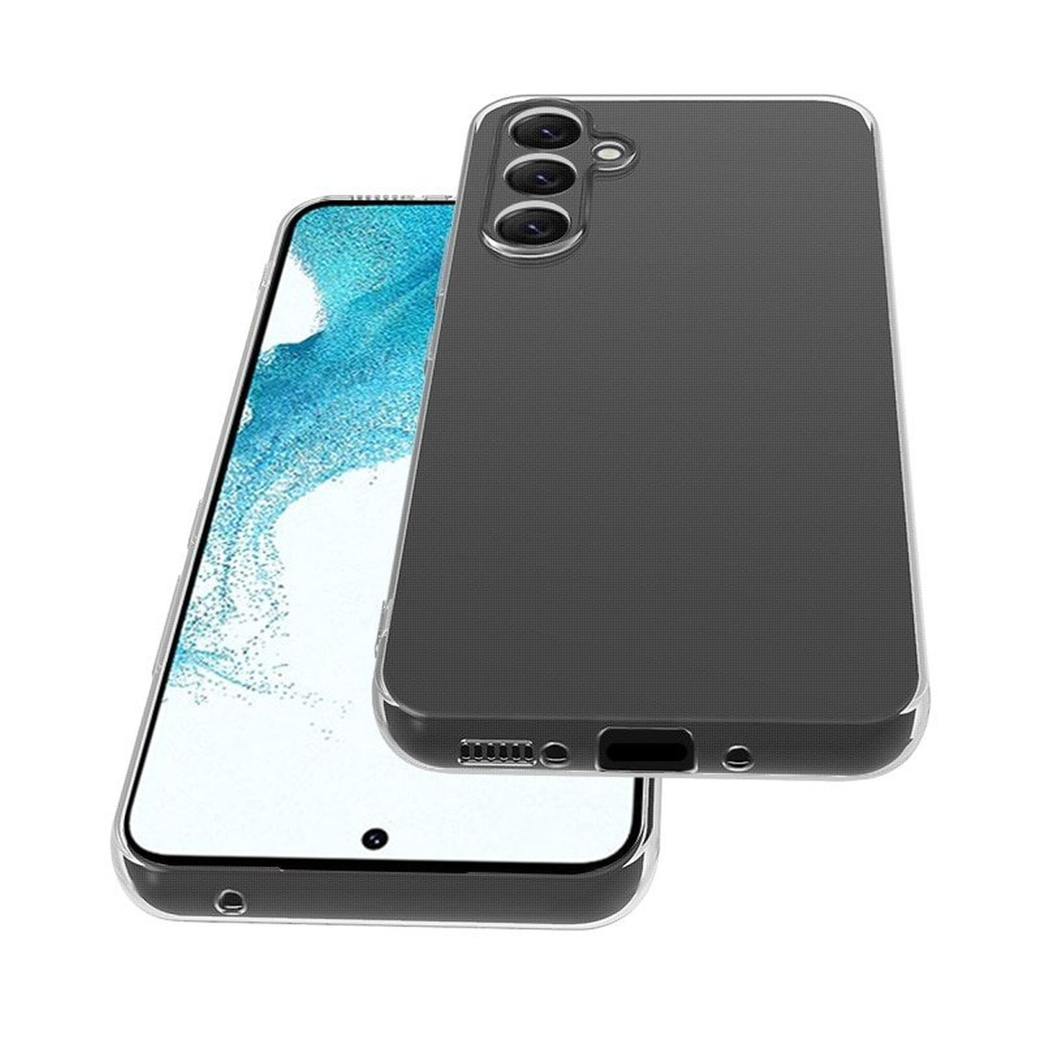 Ein Telefon in einer transparenten Hülle, mit zwei Kameras und Blitz. Das Telefon liegt.