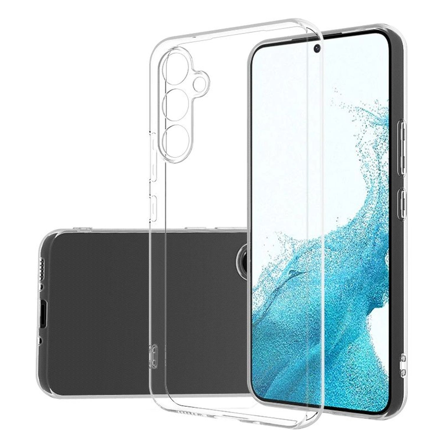 Transparente Schutzhülle für ein Telefon mit Smartphone darin, bietet eine Ansicht der Rückseite.