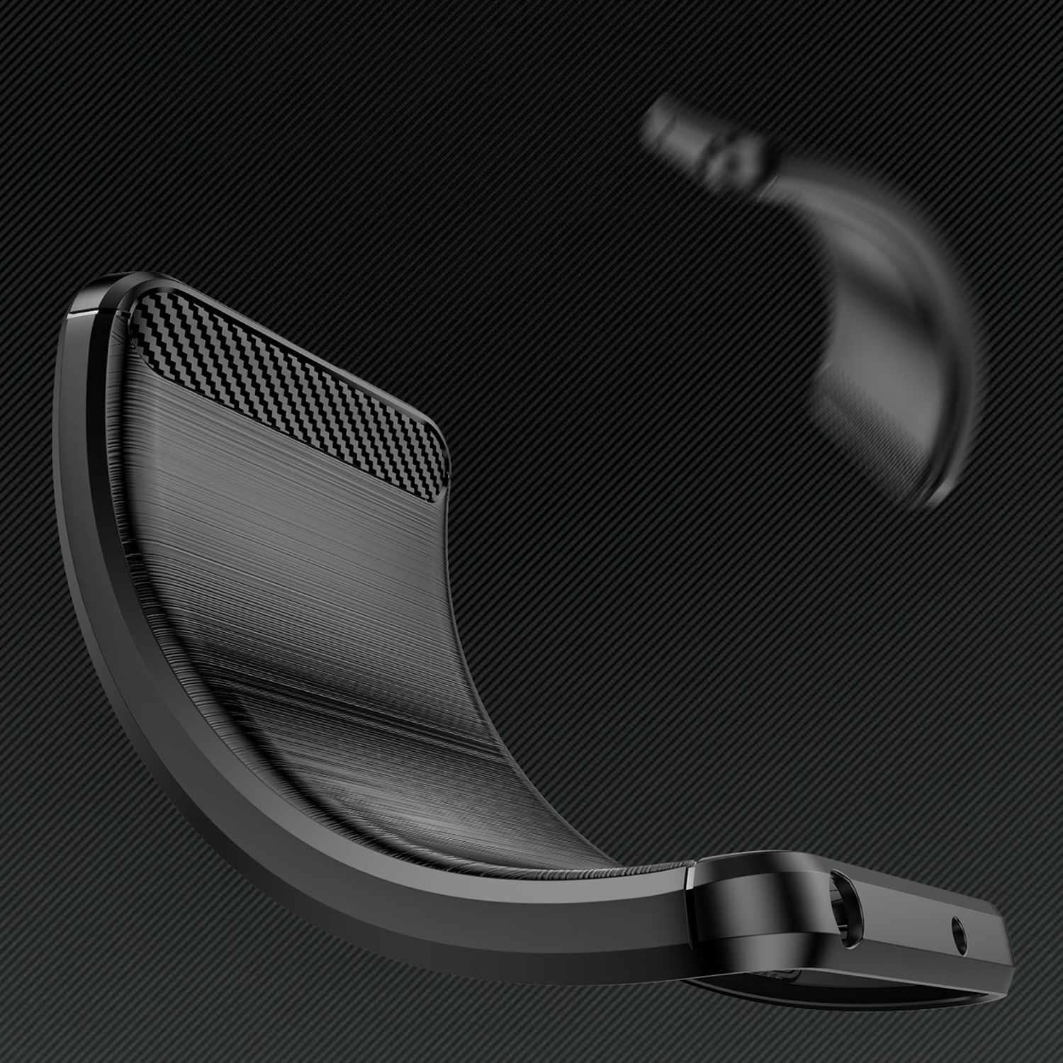 Schwarze Handyhülle mit Kohlefasertextur und gebürstetem Metalldesign.