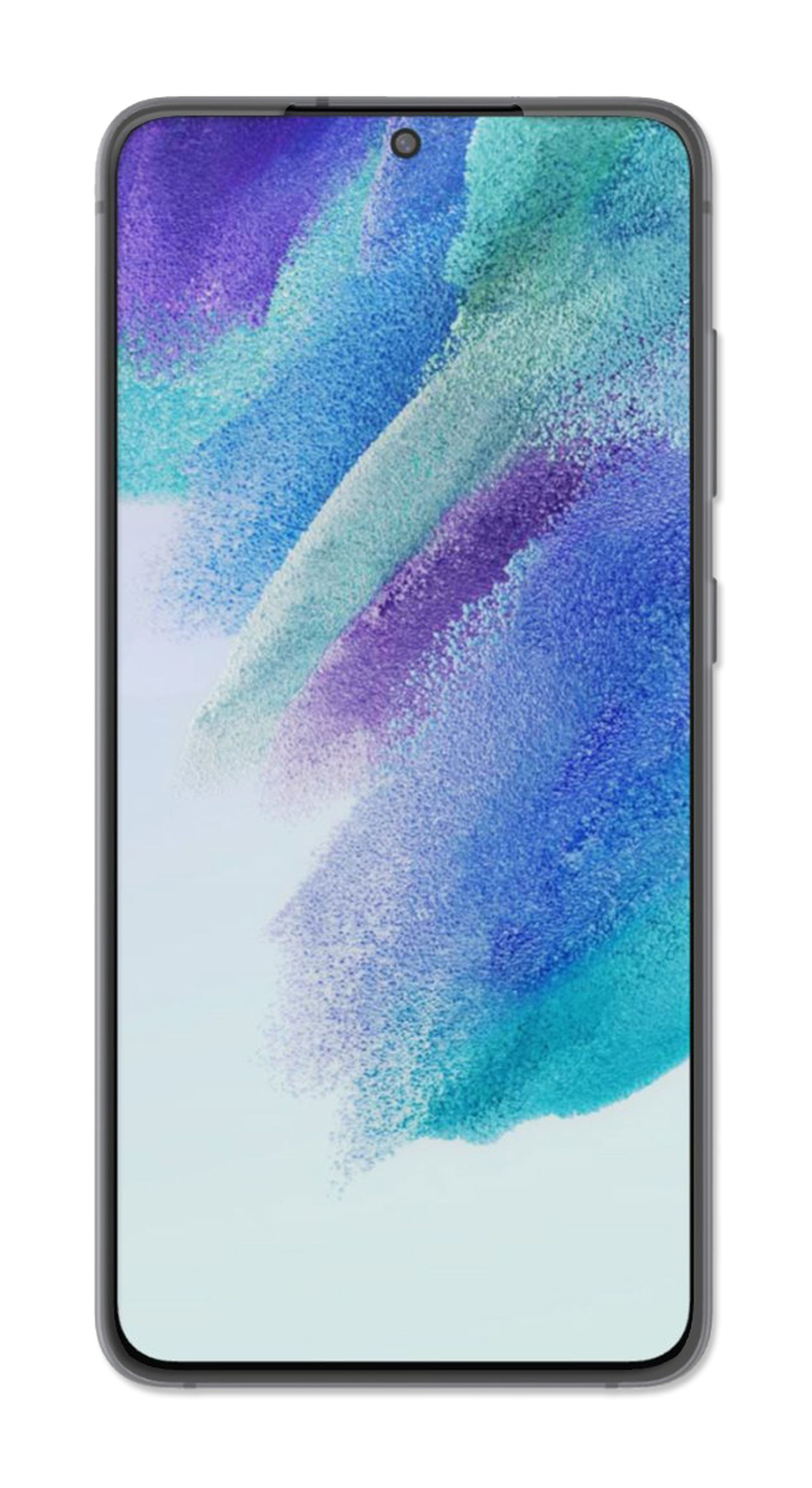 Ein Smartphone mit einem bunten Bildschirm, der Blau- und Lilatöne zeigt.