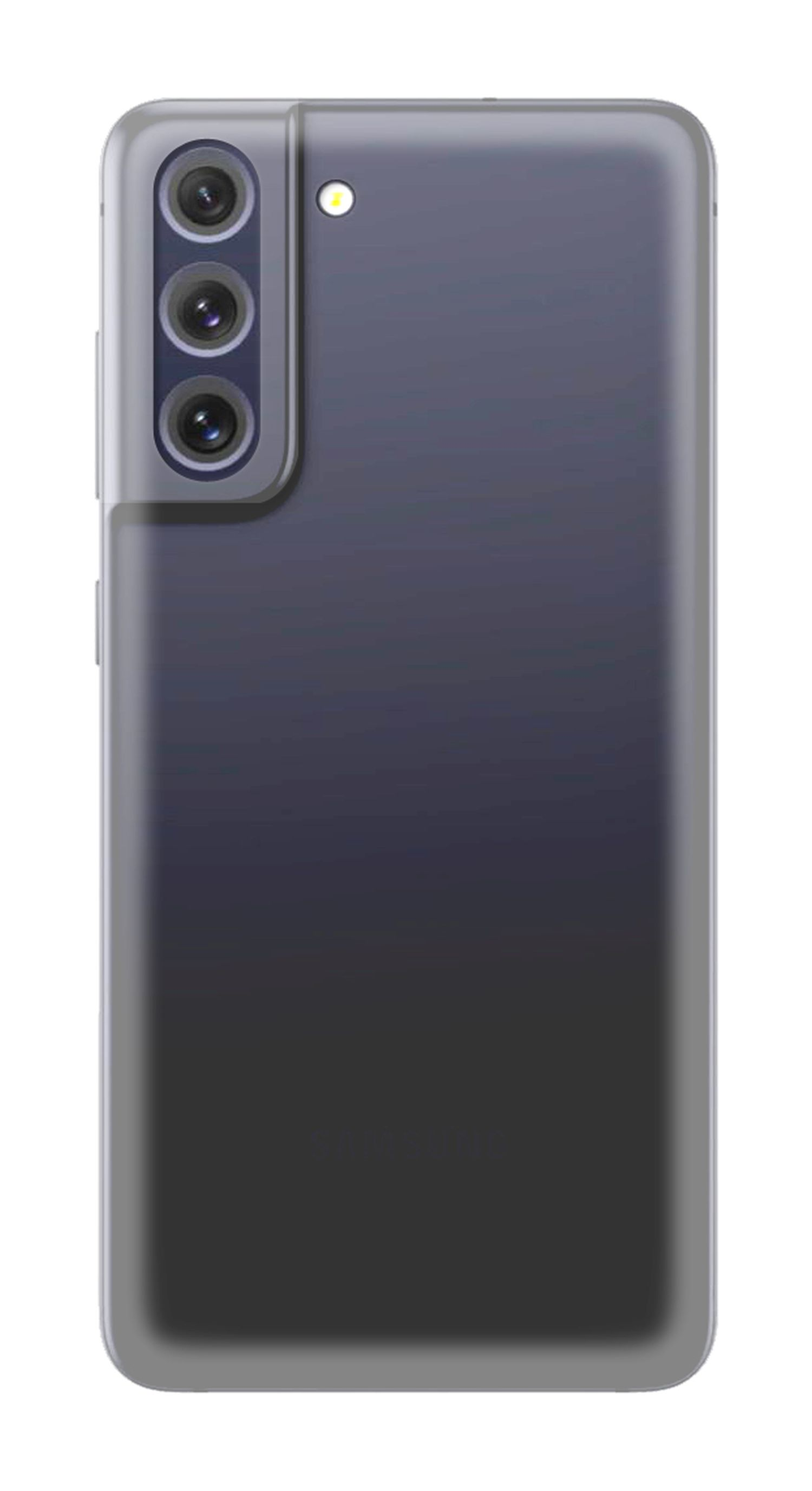 Ein Handy mit schwarzer Rückseite. Die Rückseite hat drei Kameras und ein Licht.