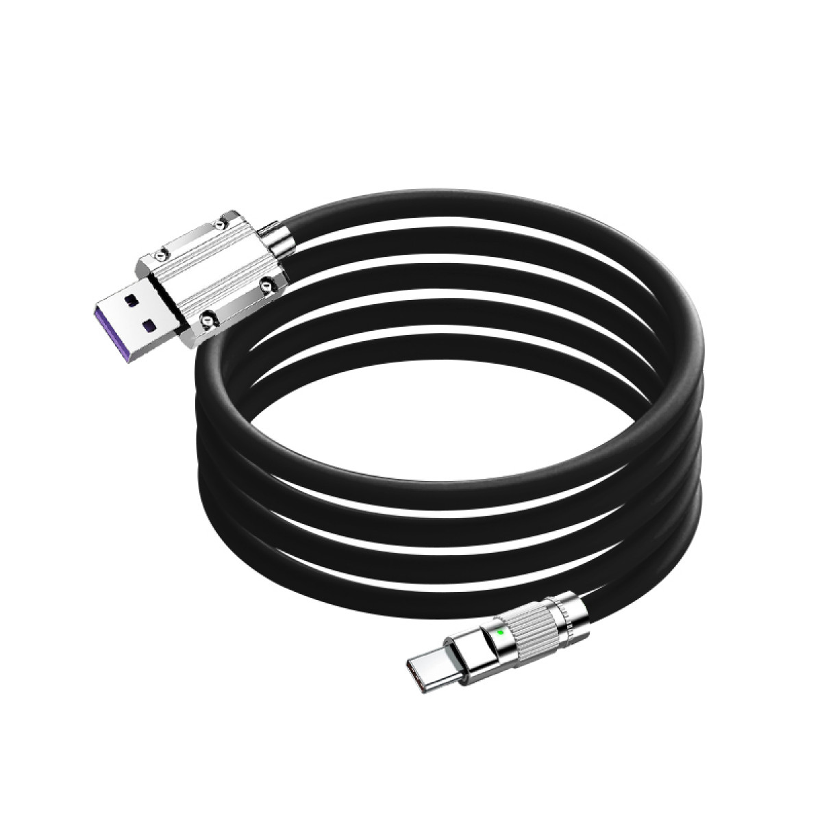 Schwarzes USB-zu-USB-C-Kabel, aufgerollt. Ein Ende ist USB-A, das andere USB-C. Silberne Anschlüsse.