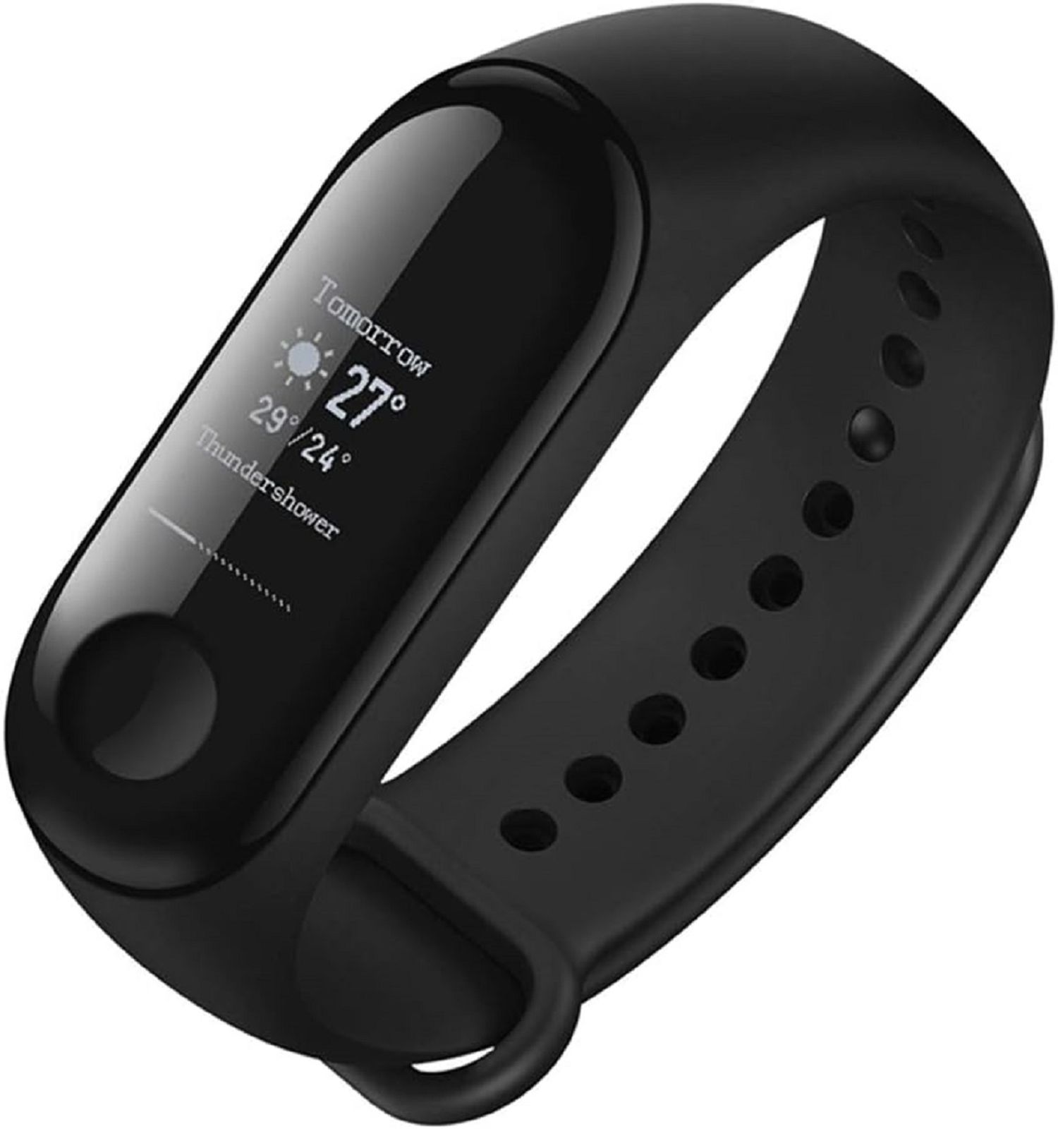 Ein schwarzes Smartband, das die Wettervorhersage für morgen mit Temperatur und Wetterbedingungen anzeigt.