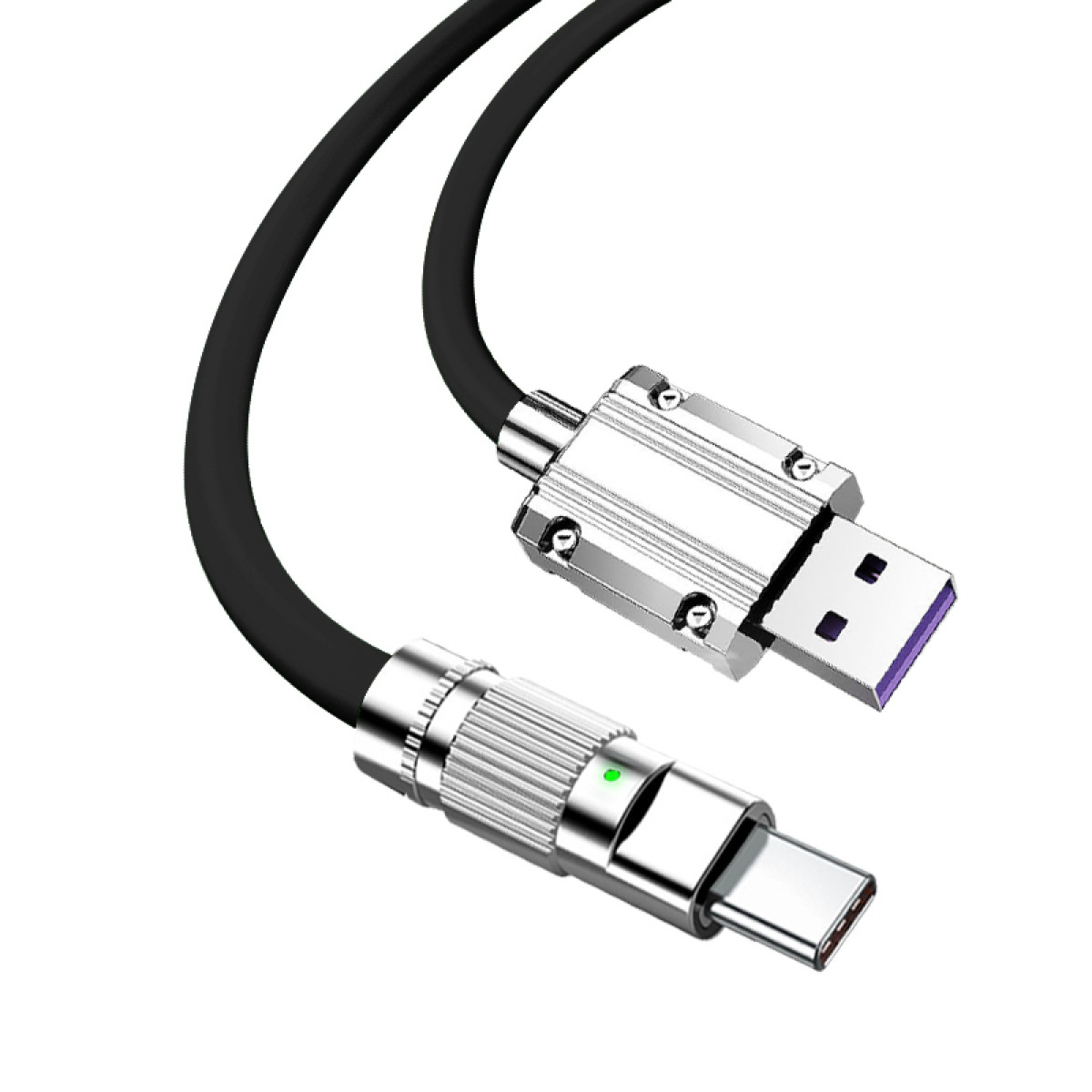 Schwarz-silbernes USB-Kabel mit einem USB- und einem USB-C-Anschluss auf weißem Hintergrund.
