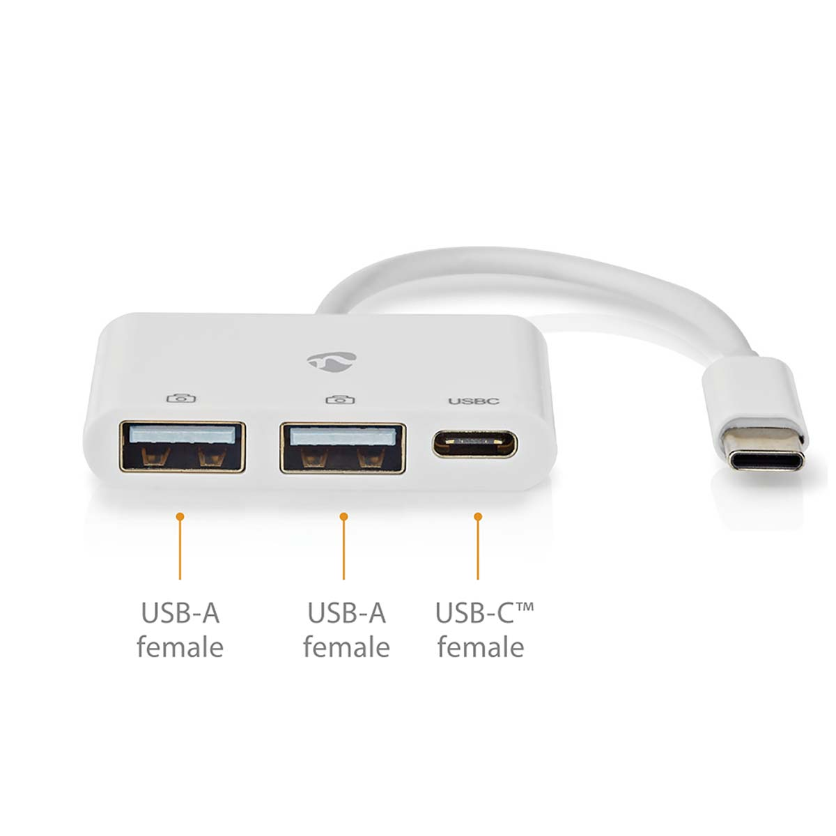 Witte USB-hub met USB-A- en USB-C-poorten gelabeld.