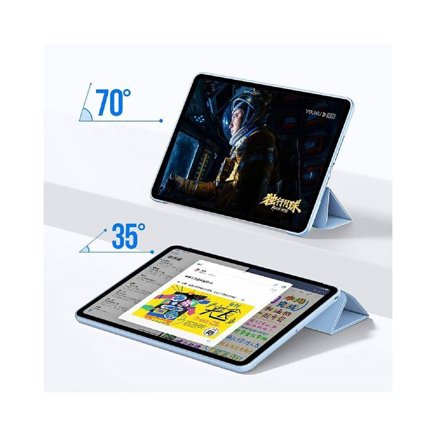 Tablets in verschiedenen Winkeln. Das obere Tablet zeigt einen Film, das untere eine Webseite.