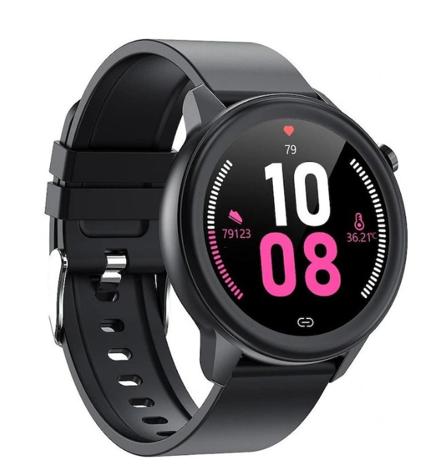 Eine schwarze Smartwatch mit digitaler Anzeige, die Zeit und Aktivitätsmetriken anzeigt, auf weißem Hintergrund.