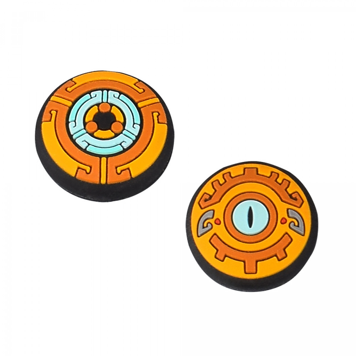Zwei kreisförmige orange-schwarze Zierknöpfe mit komplizierten Designs, auf weißem Hintergrund.
