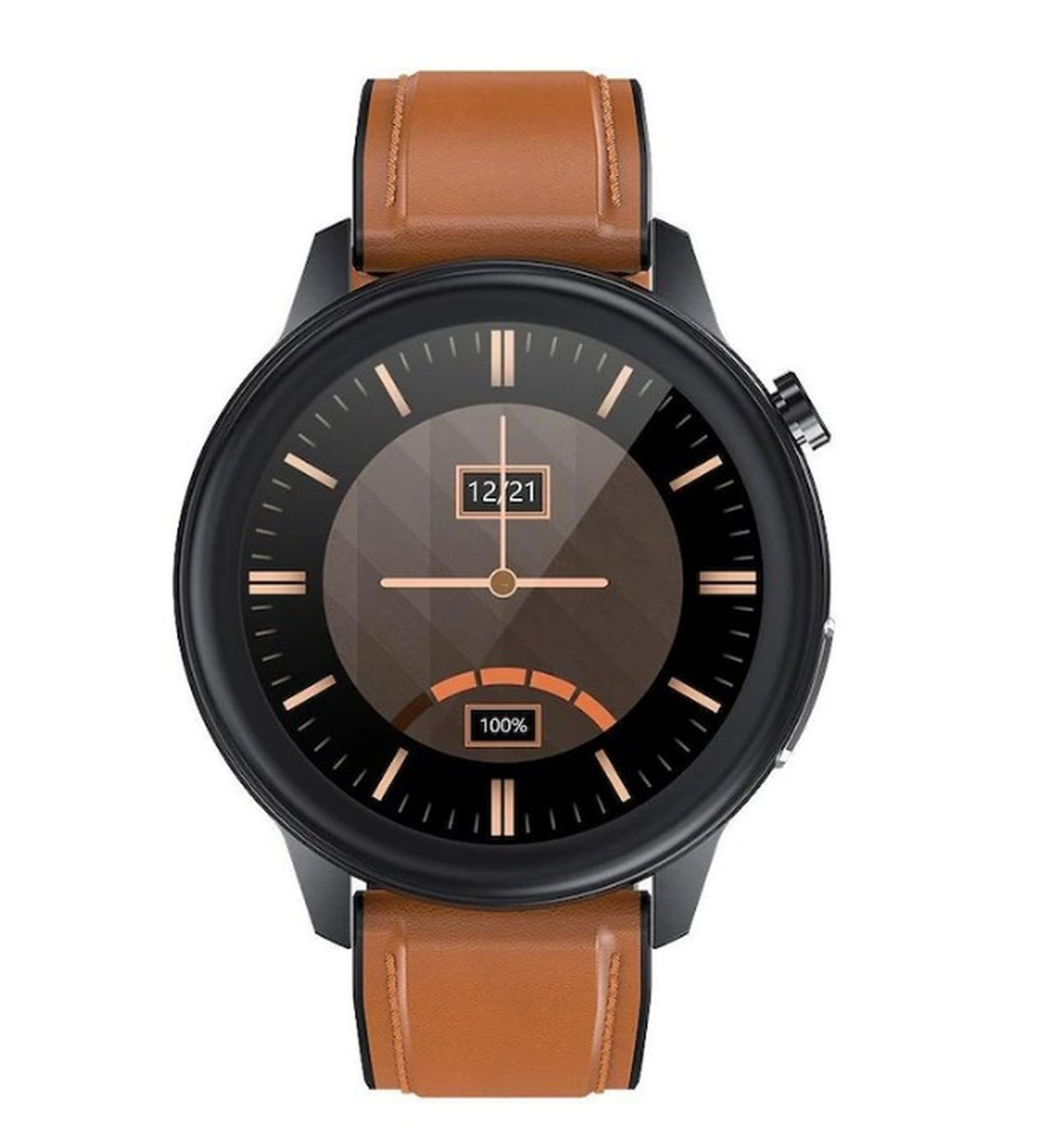 Eine schwarze Smartwatch mit braunem Lederarmband, die Datum und Akkuladung anzeigt.