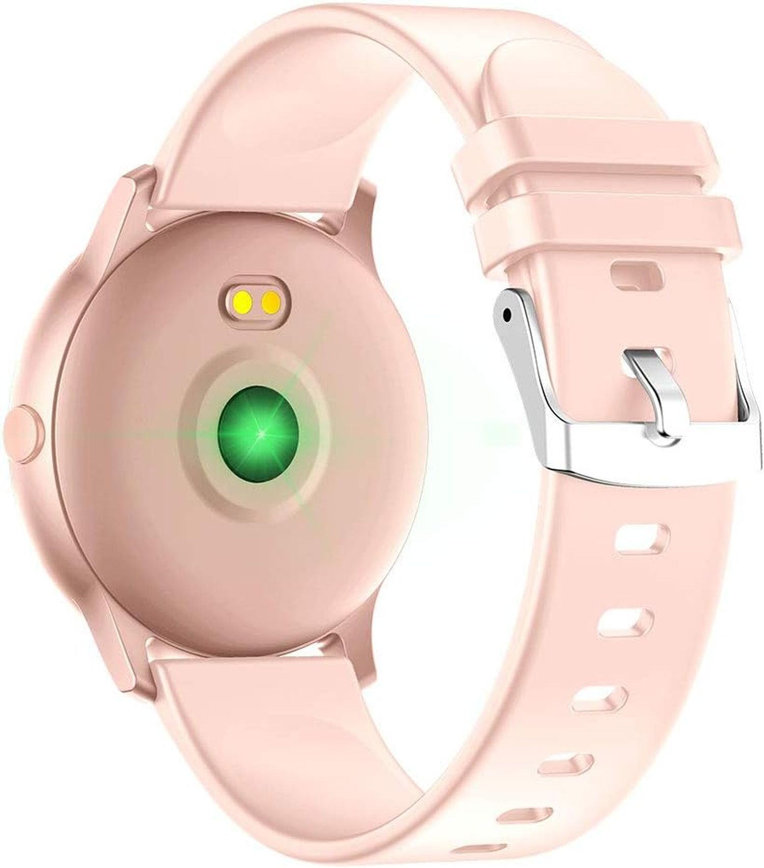 Rosafarbene Smartwatch, die Rückseite zeigt ein grünes Licht vom Sensor und Ladepunkte.