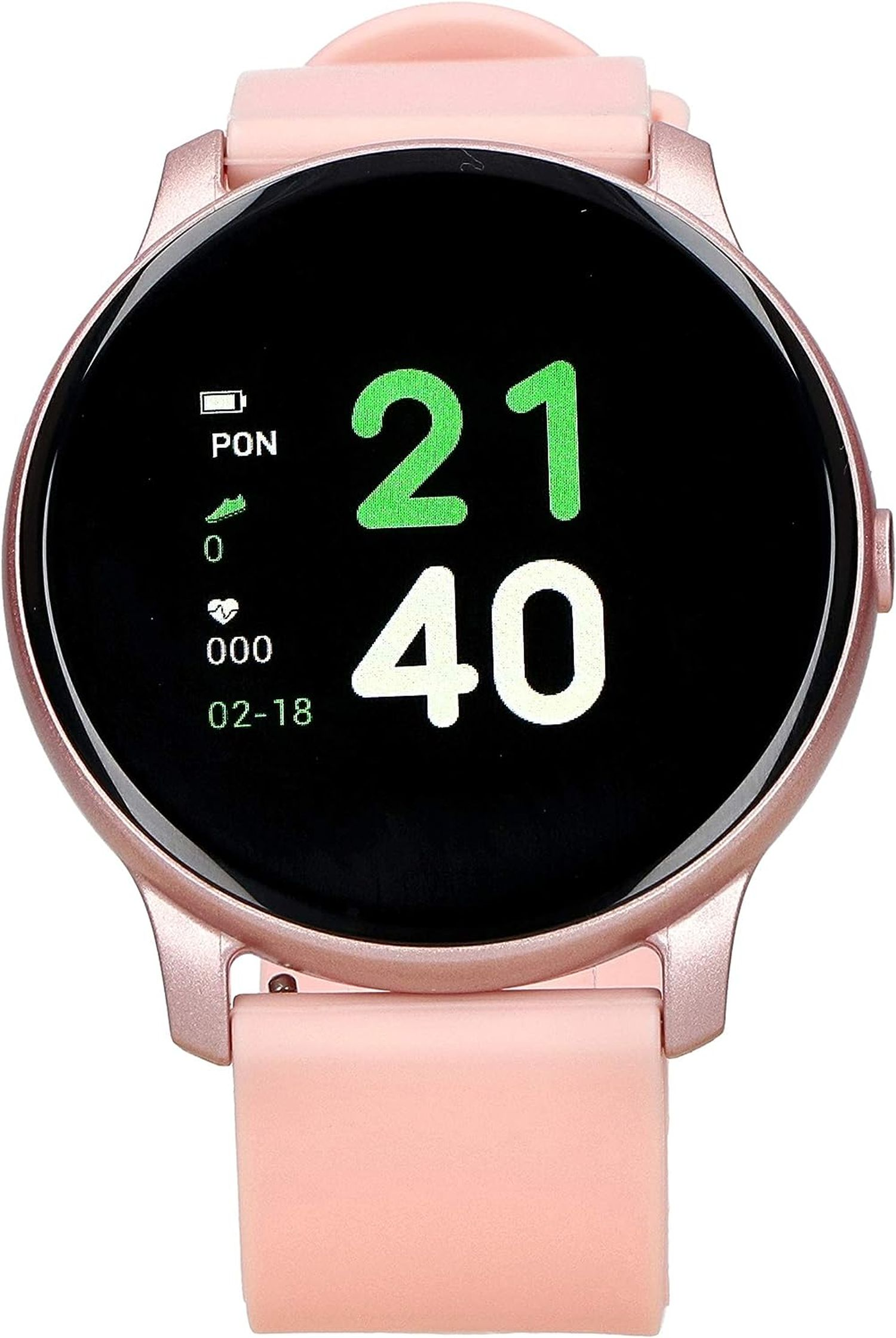 Rosafarbene Smartwatch mit rundem Zifferblatt, das die Uhrzeit, den Akku und andere Statistiken anzeigt.