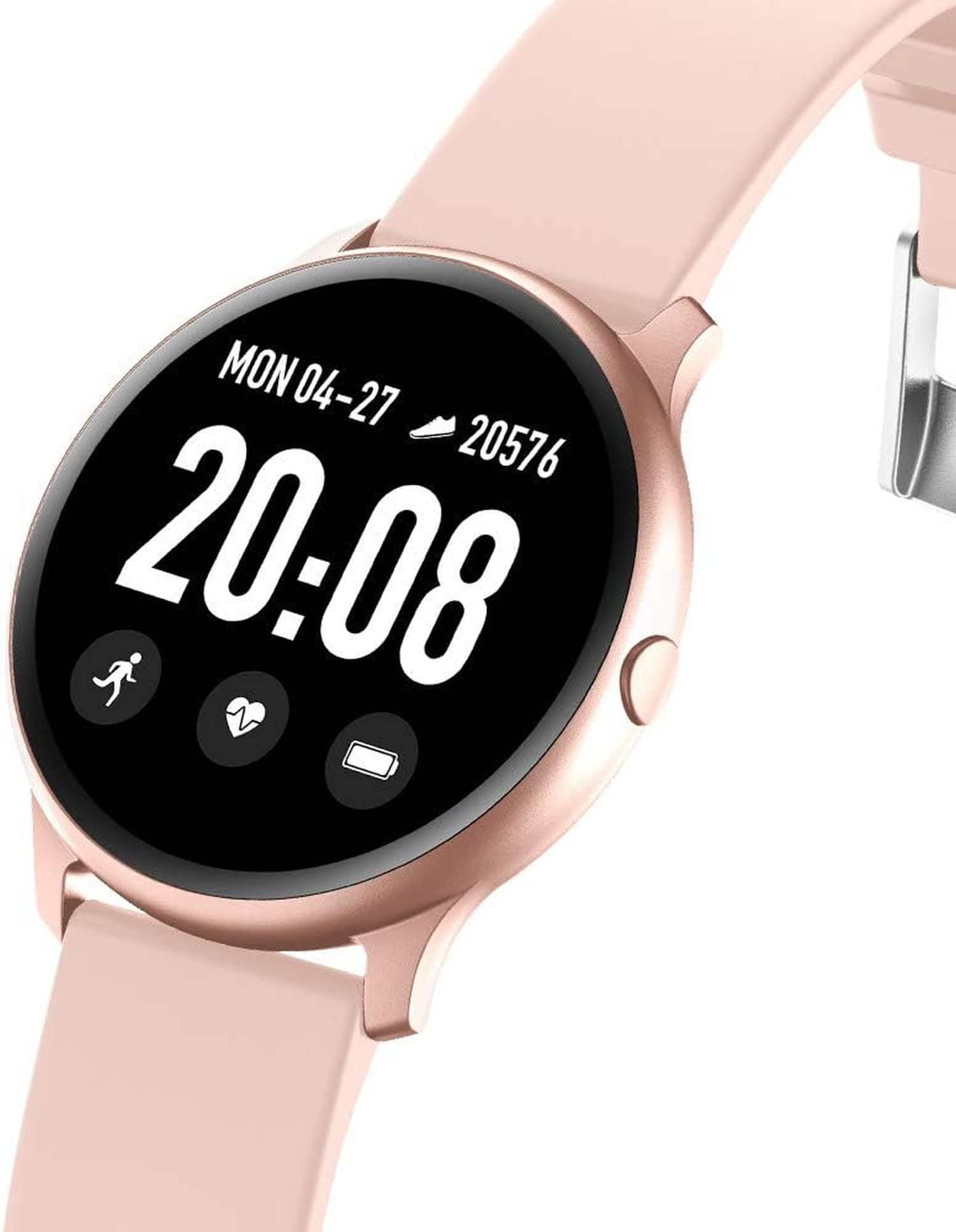 Roségoldene Smartwatch, die Zeit, Datum und Aktivitäts-Tracking-Symbole anzeigt.