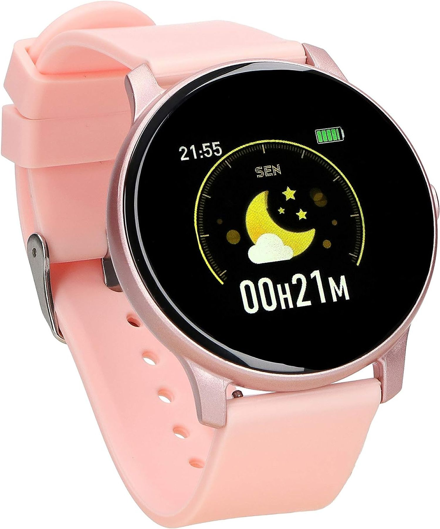 Rosa Smartwatch mit rundem schwarzem Bildschirm mit Mond und Sternen.