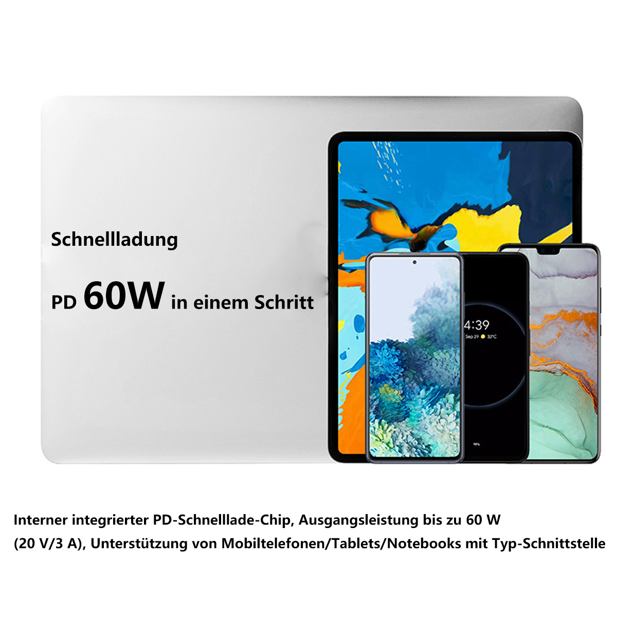 Ein Tablet und zwei Telefone. Text auf dem Bild lautet: 'PD 60W in einem Schritt'. Die Geräte werden geladen.