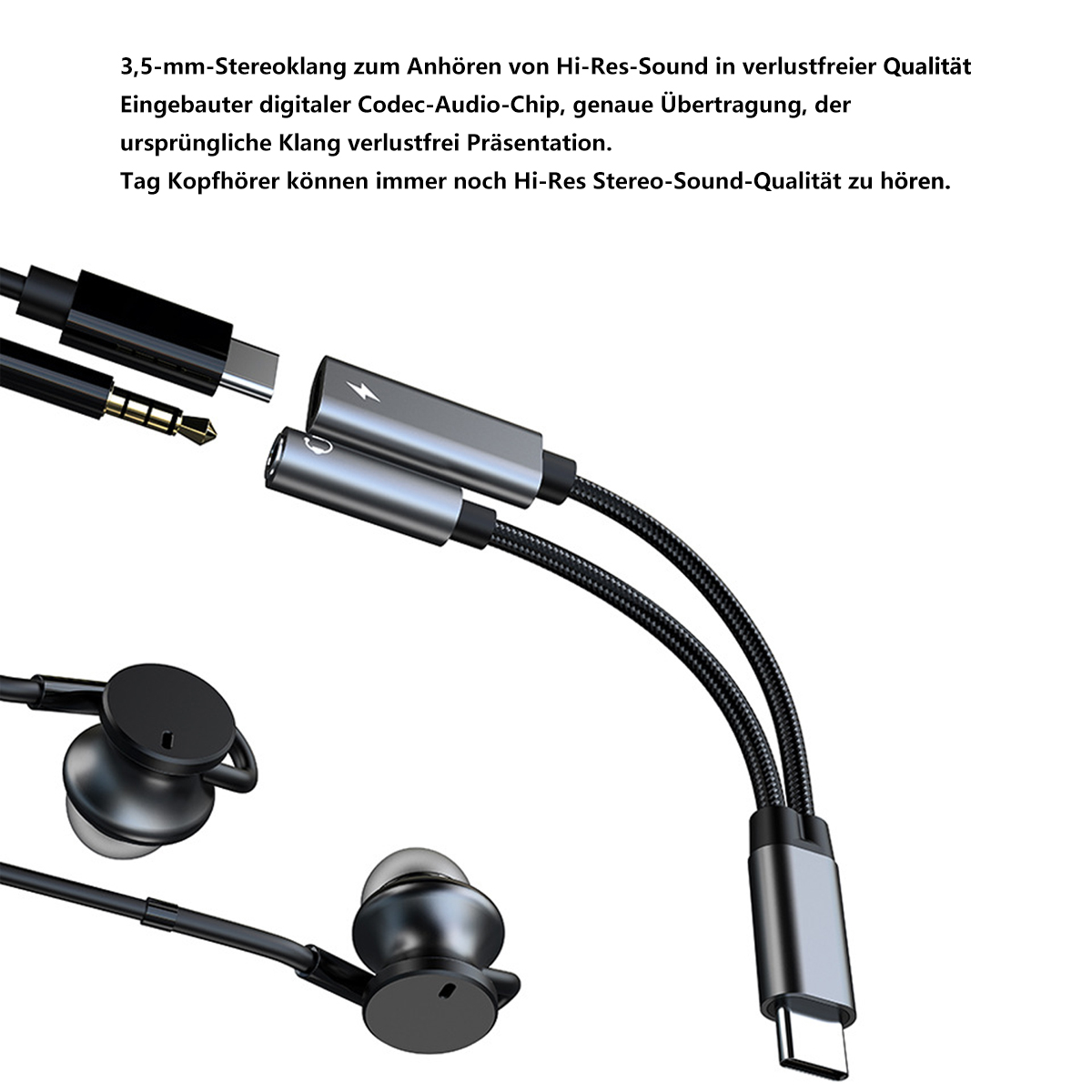Schwarz-silberner USB-C-auf-Dual-Jack-Adapter. Kopfhörer und Kabel werden angezeigt. Textüberlagerung.