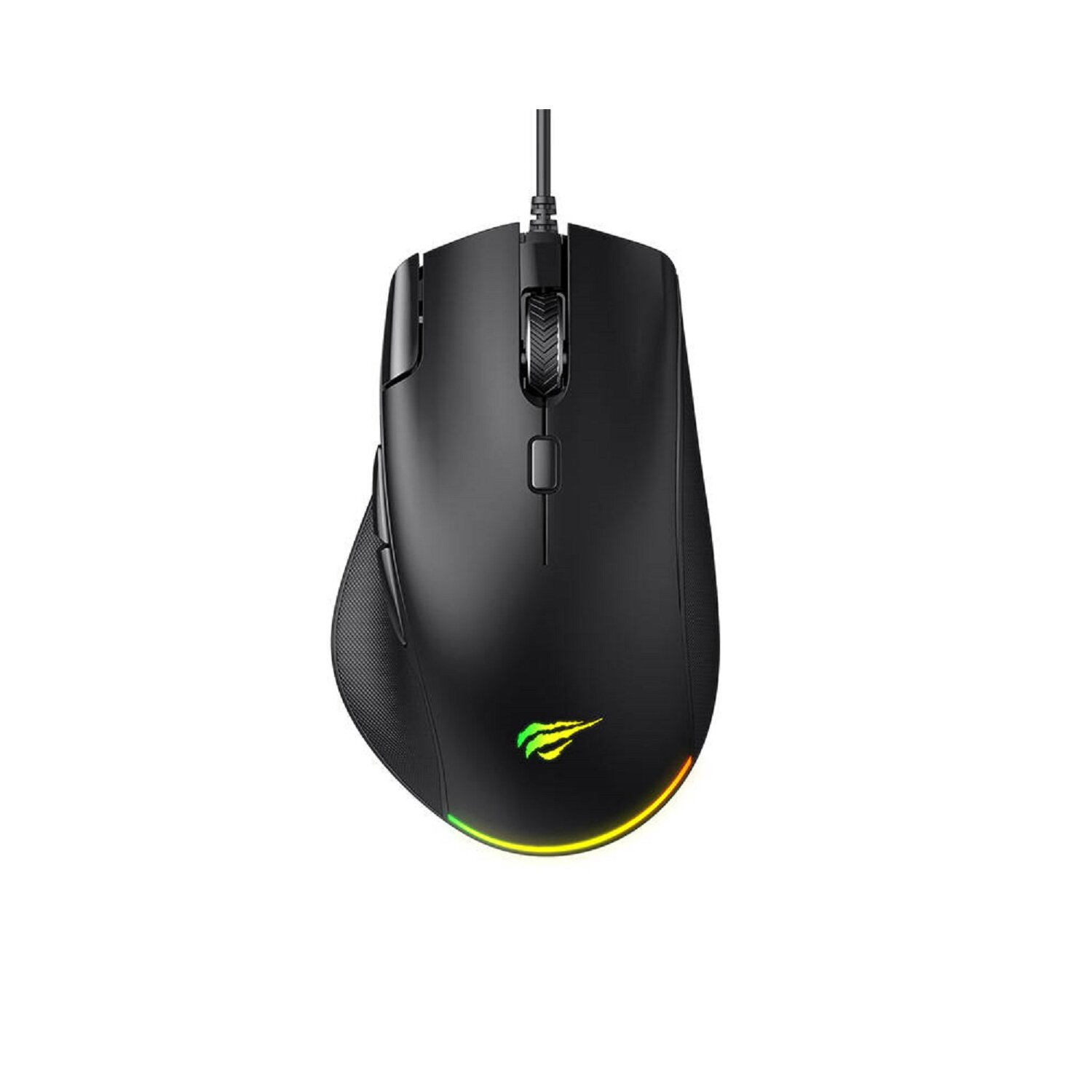 Schwarze Computermaus mit Scrollrad und Tasten. Sie hat ein Logo und ein farbiges Licht unten.