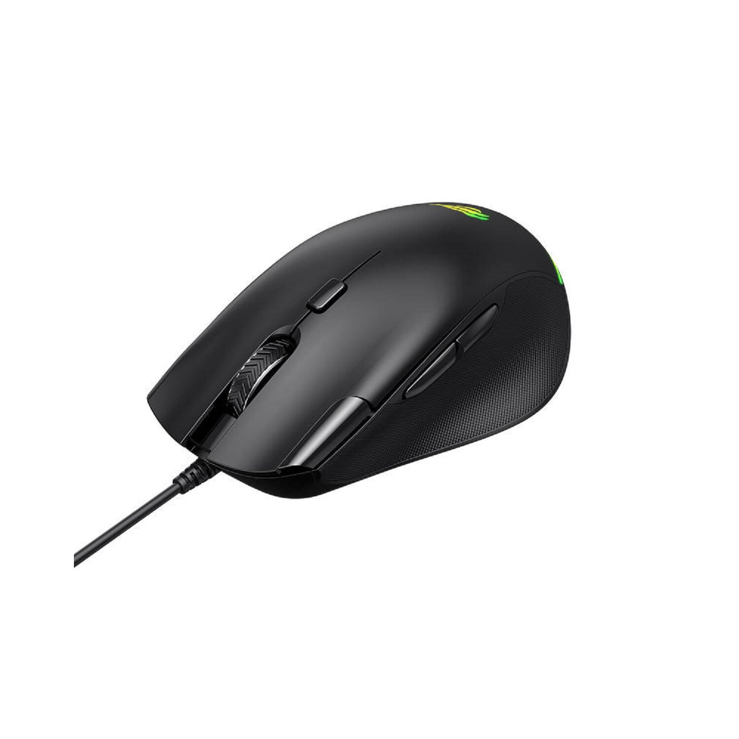 Eine schwarze Gaming-Maus mit Kabel, nach rechts oben geneigt.