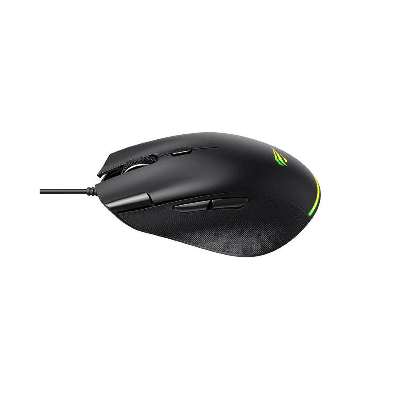 Schwarze Gaming-Maus mit Seitentasten, Scrollrad und beleuchteten Akzenten auf weißem Hintergrund.