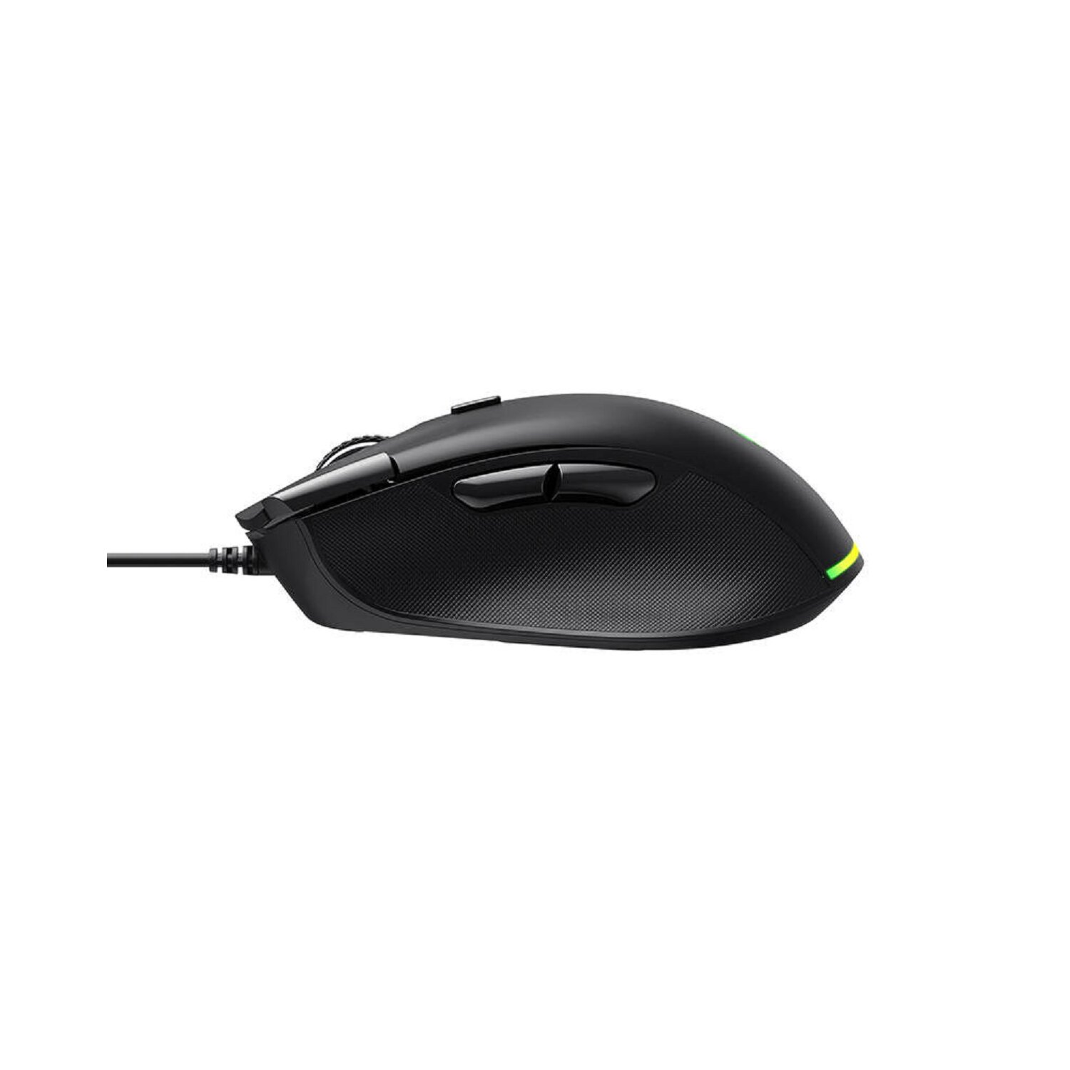 Schwarze Gaming-Maus mit Extratasten und Kabel, mit grünem Licht am Ende.