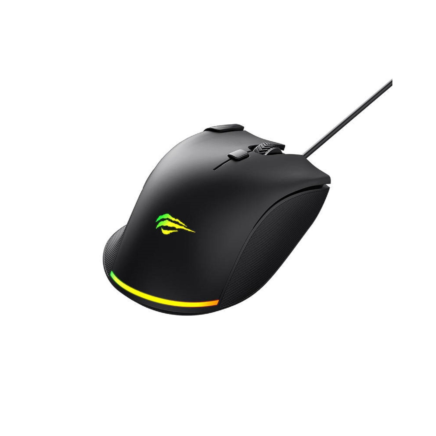 Schwarze Gaming-Maus mit beleuchteten Akzenten. Sie hat eine Daumenauflage und ein Kabel.