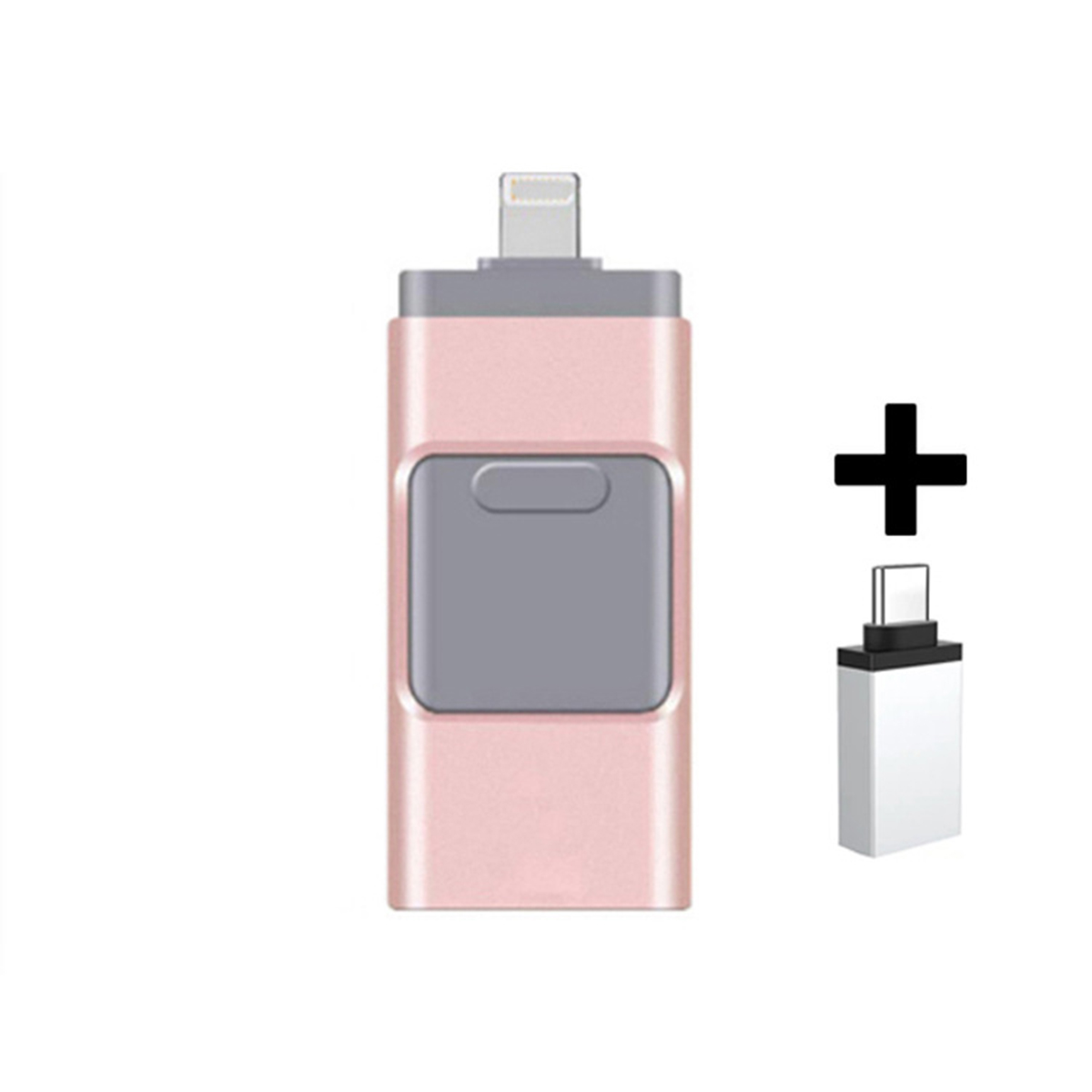 Rosa USB-Stick mit grauem Knopf und Pluszeichen daneben.