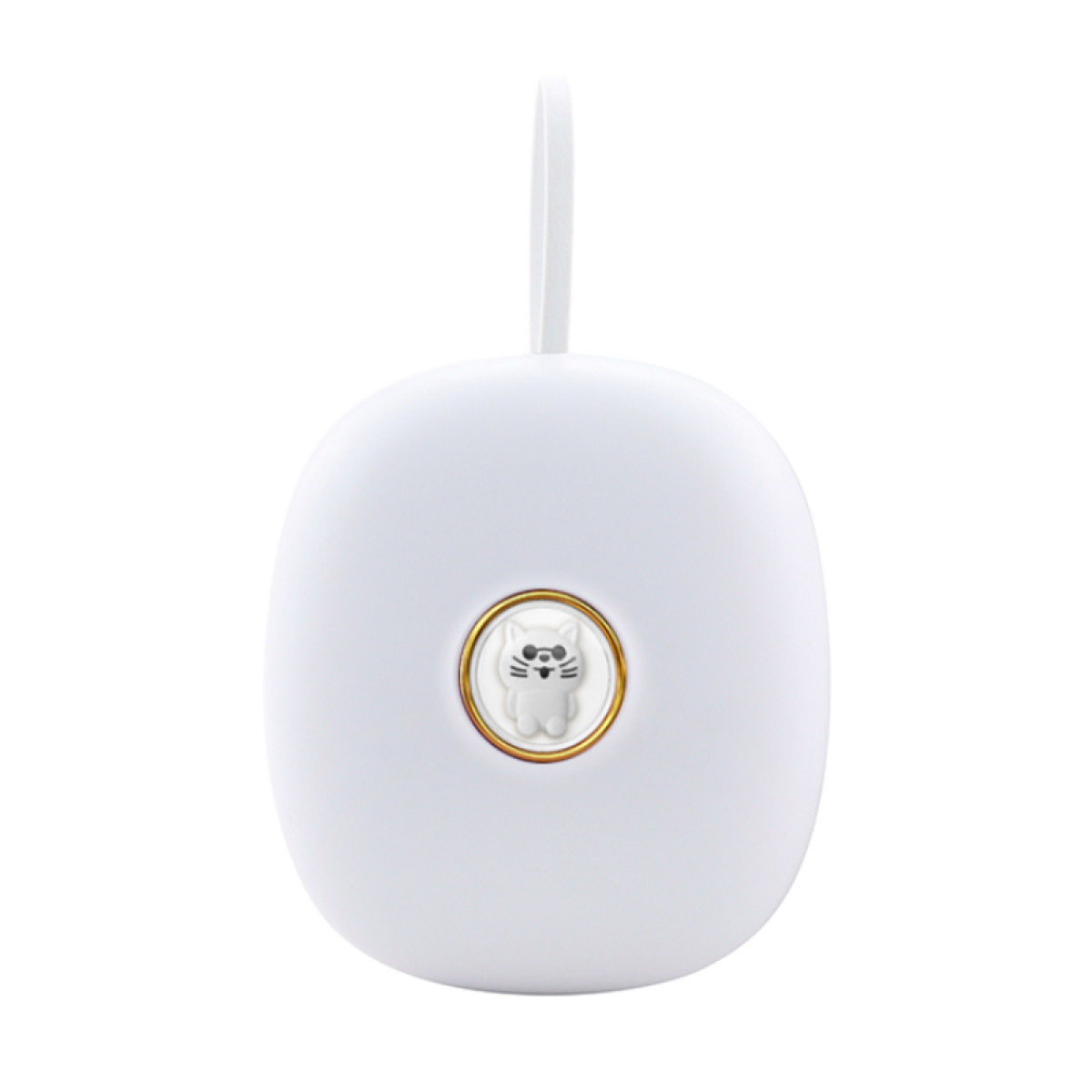 Białe, owalne urządzenie z motywem kociej twarzy z przodu.