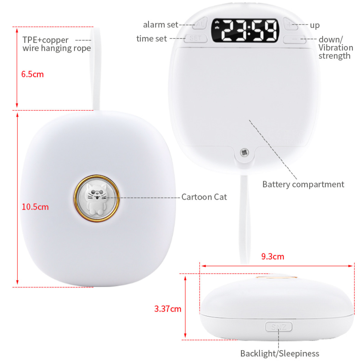 Białe, zaokrąglone urządzenie z ikoną kota i wyświetlaczem pokazującym godzinę.