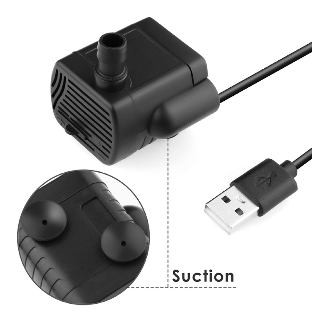 Schwarze USB-Wasserpumpe mit Saugnäpfen und einem USB-Kabel.