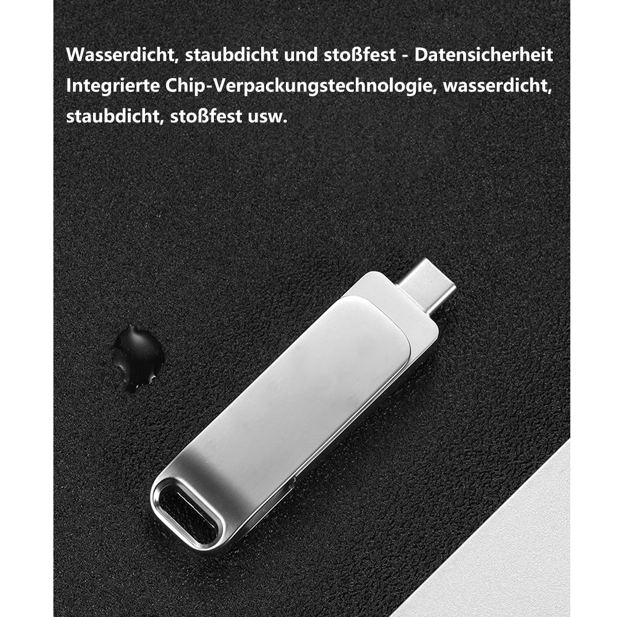 Silberner USB-Stick mit Text darüber und einem Flüssigkeitstropfen. Der Text bezieht sich auf wasserdichte Merkmale.
