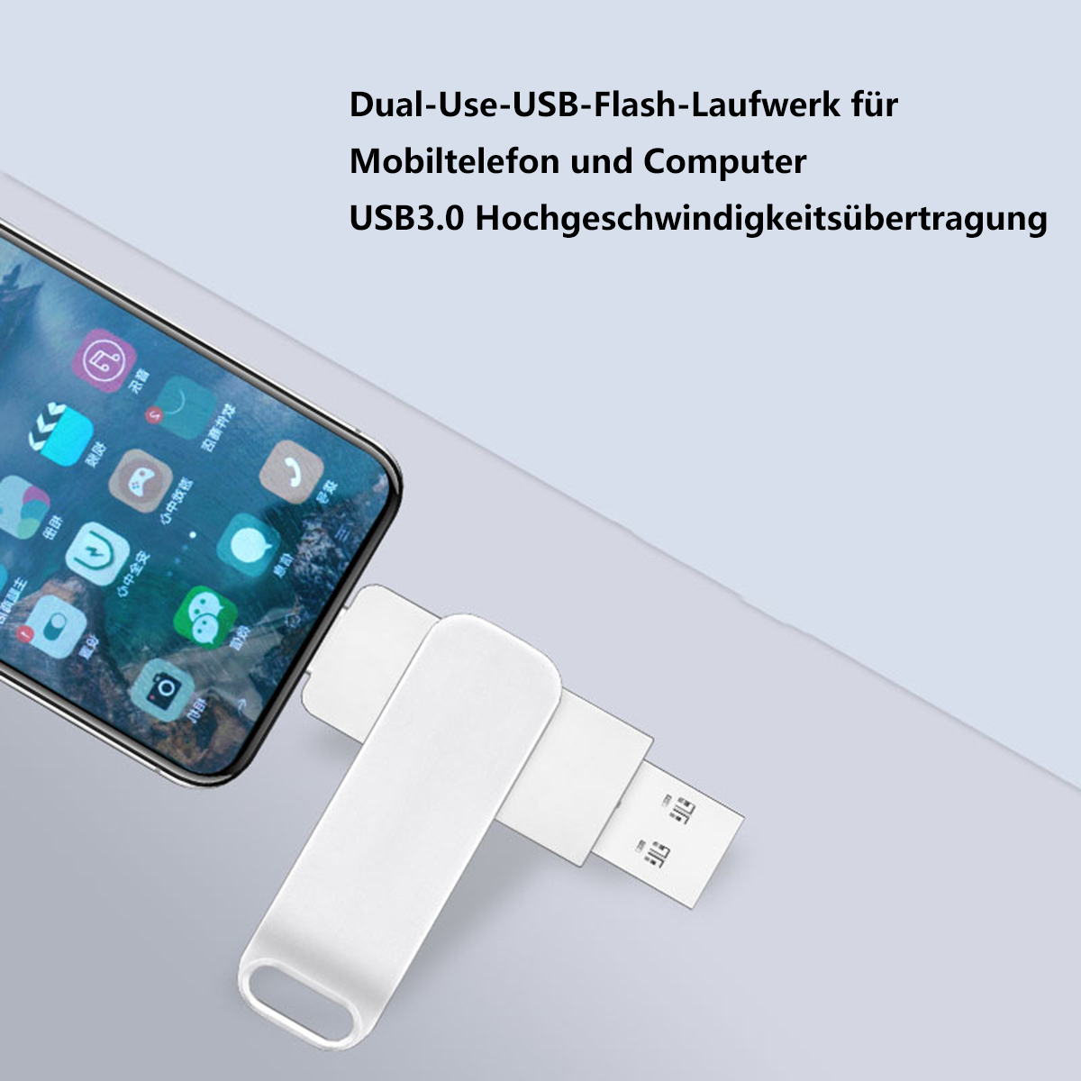 Weißer USB-Stick neben einem Smartphone auf weißem Untergrund, wirbt für USB 3.0-Übertragungsgeschwindigkeit.