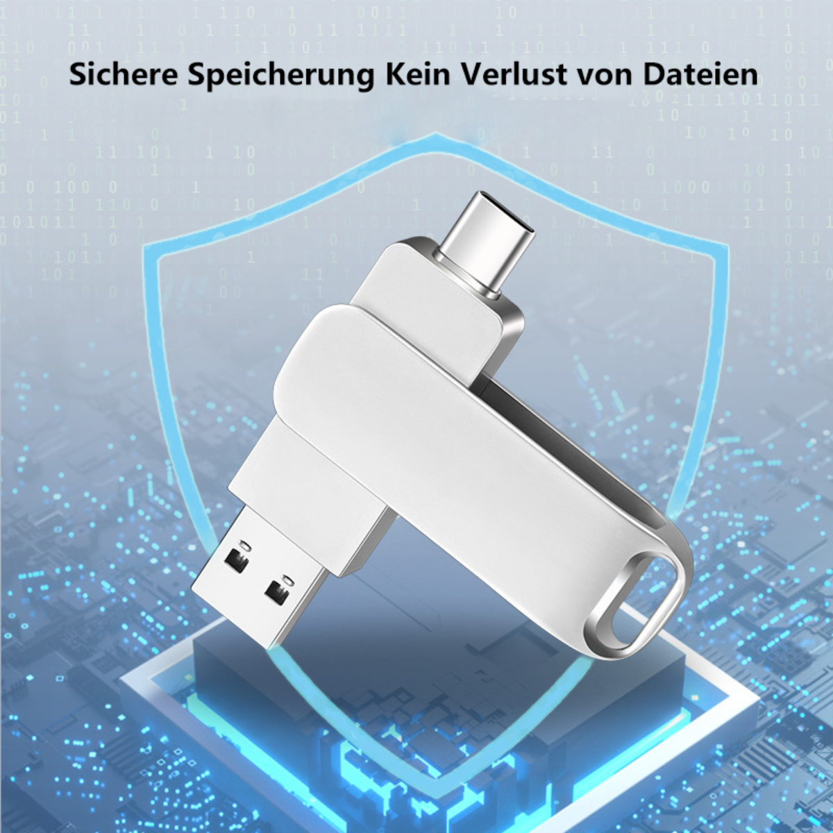 Silberner USB-Stick mit USB-A- und USB-C-Anschlüssen, auf blauem Grafik-Hintergrund, mit Text darüber.