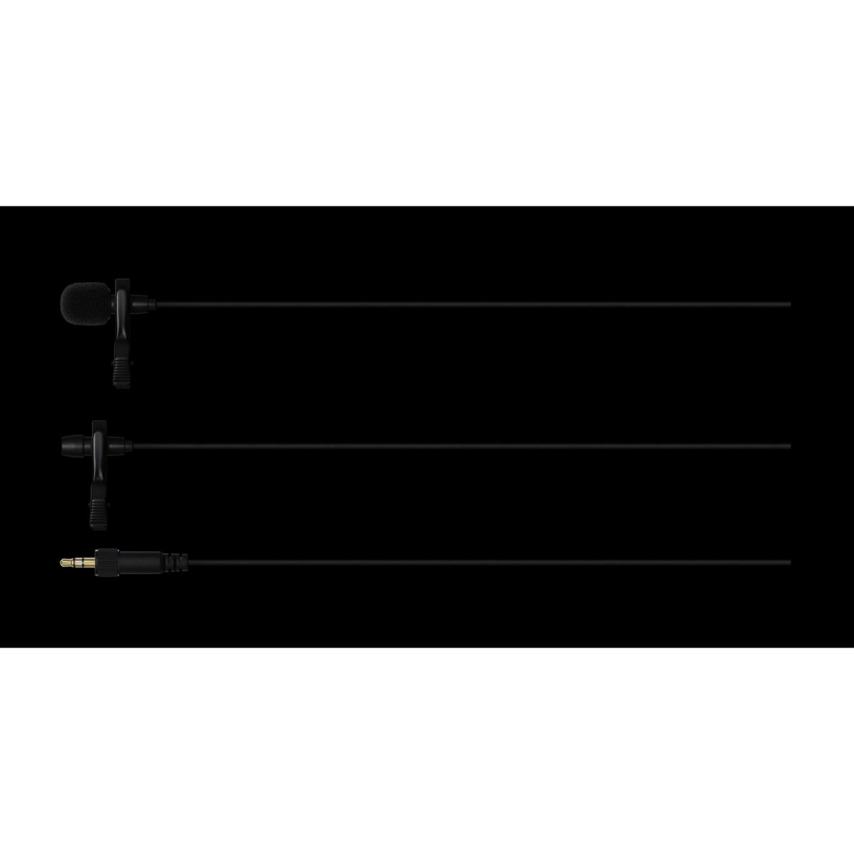 Tres micrófonos sobre fondo negro, con cables de conexión y un conector de audio de 3,5 mm.