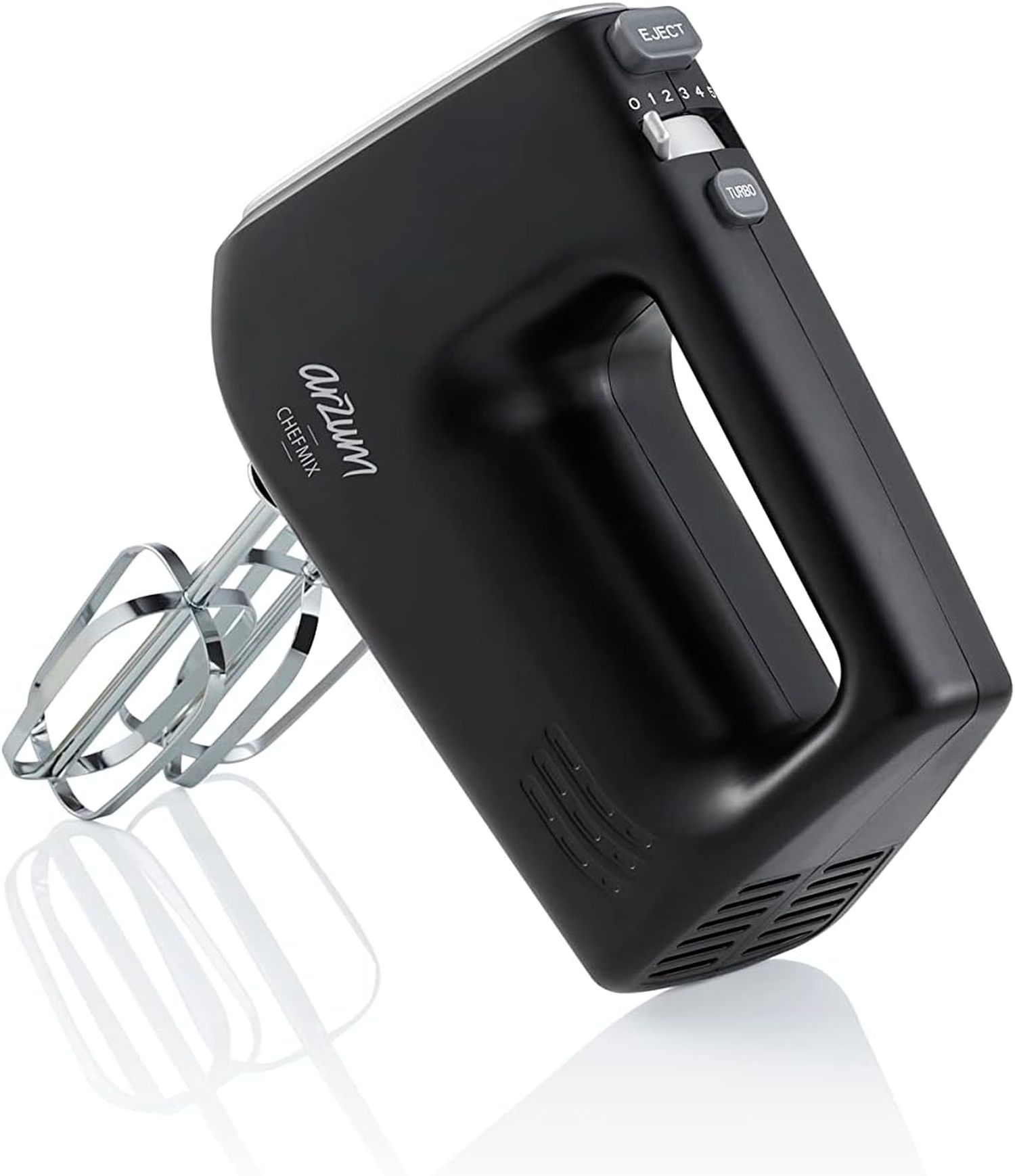 Un frullatore a mano nero con manico, impostazioni di velocità e pulsante turbo.