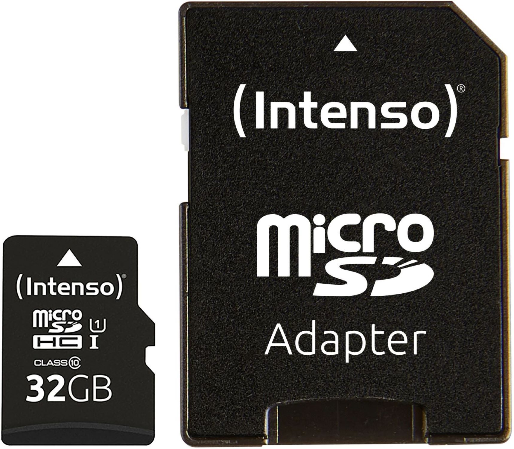 Ein schwarzer Intenso Micro-SD-Adapter und eine Micro-SD-Karte. Beide zeigen Intenso und 32 GB Kapazität.