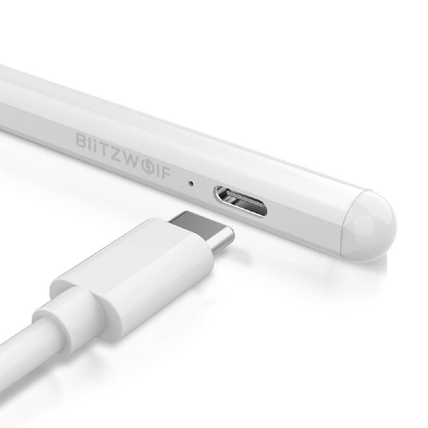 Ein weißer Eingabestift mit Ladeanschluss neben einem weißen USB-C-Kabel auf weißem Hintergrund.