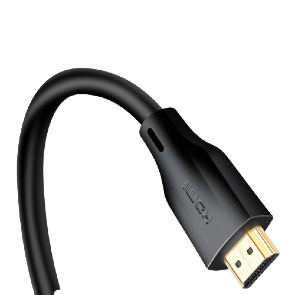 Câble HDMI noir avec connecteurs dorés, isolé sur fond blanc, vue rapprochée.