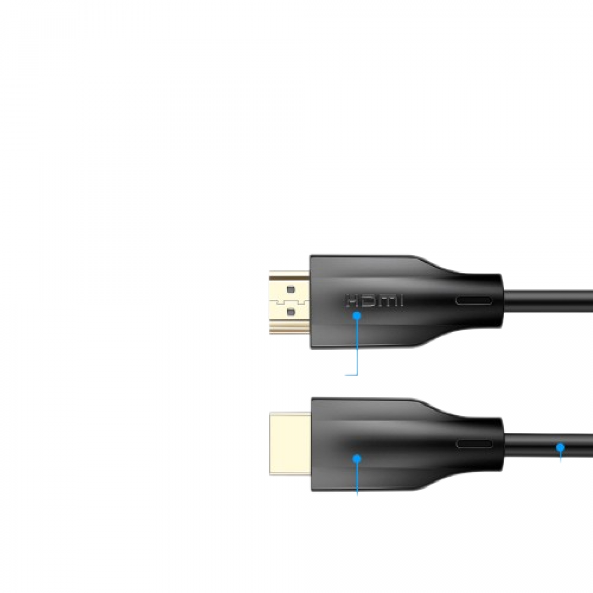 Câble HDMI noir. Deux connecteurs avec broches dorées. Prise de vue simple et nette sur fond blanc.