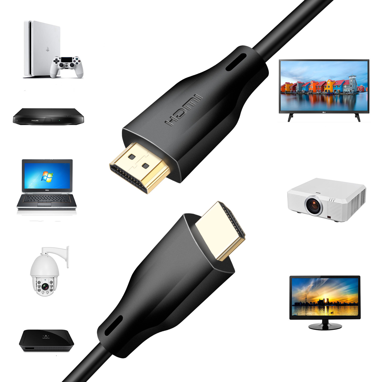 Câble HDMI avec appareils. Plusieurs appareils des deux côtés du câble.