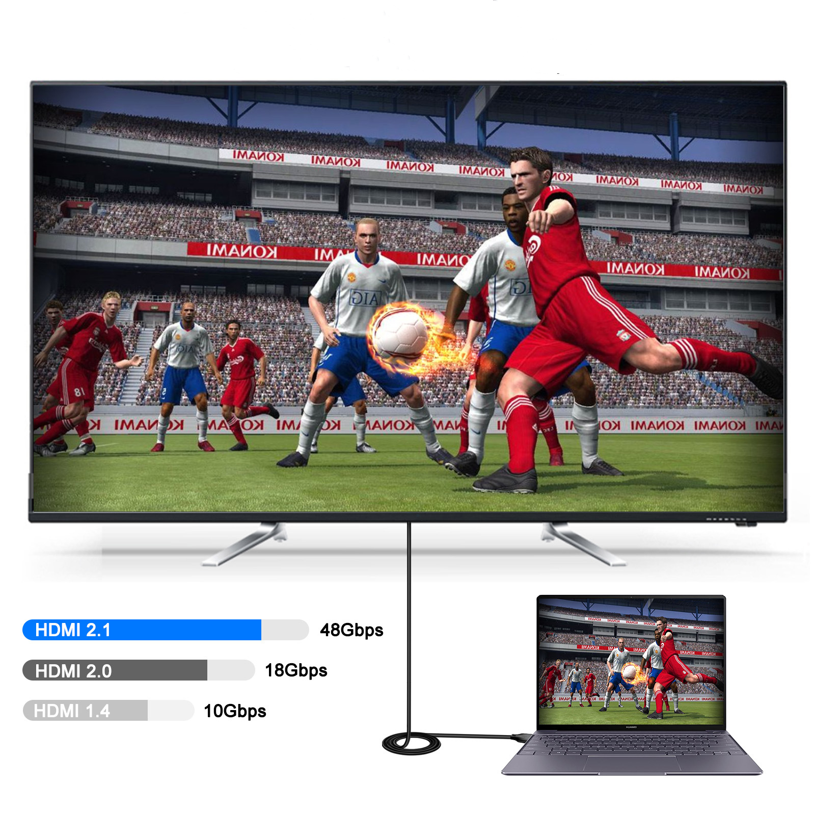 Écran de télévision affichant un match de football, connecté à un ordinateur portable via un câble HDMI.