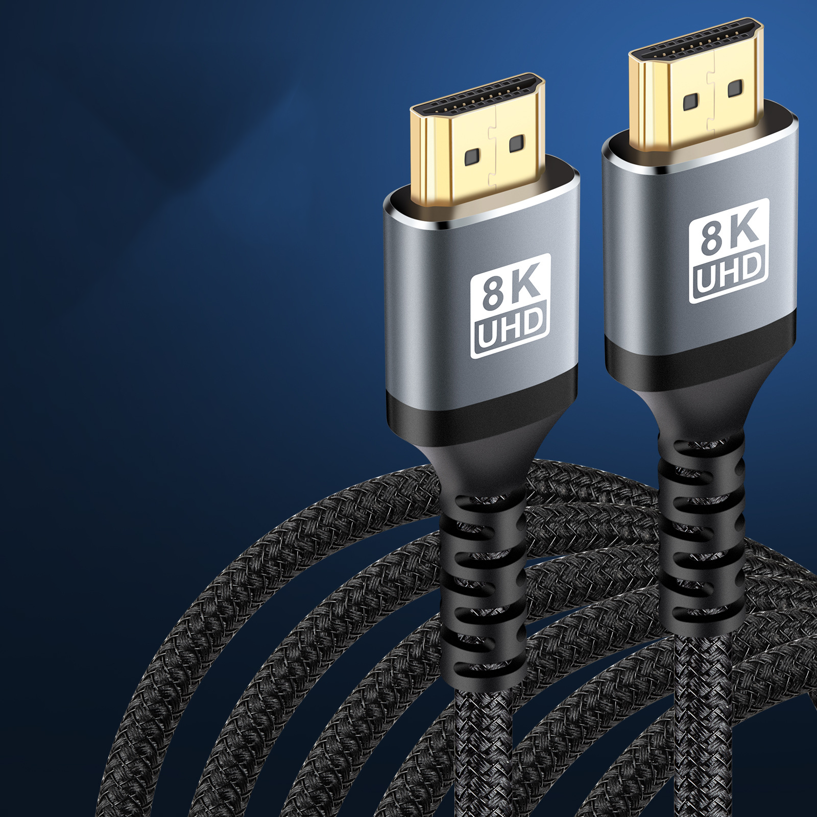 Dwa kable HDMI 8K UHD ze złotymi złączami i szarymi obudowami, czarny pleciony kabel.