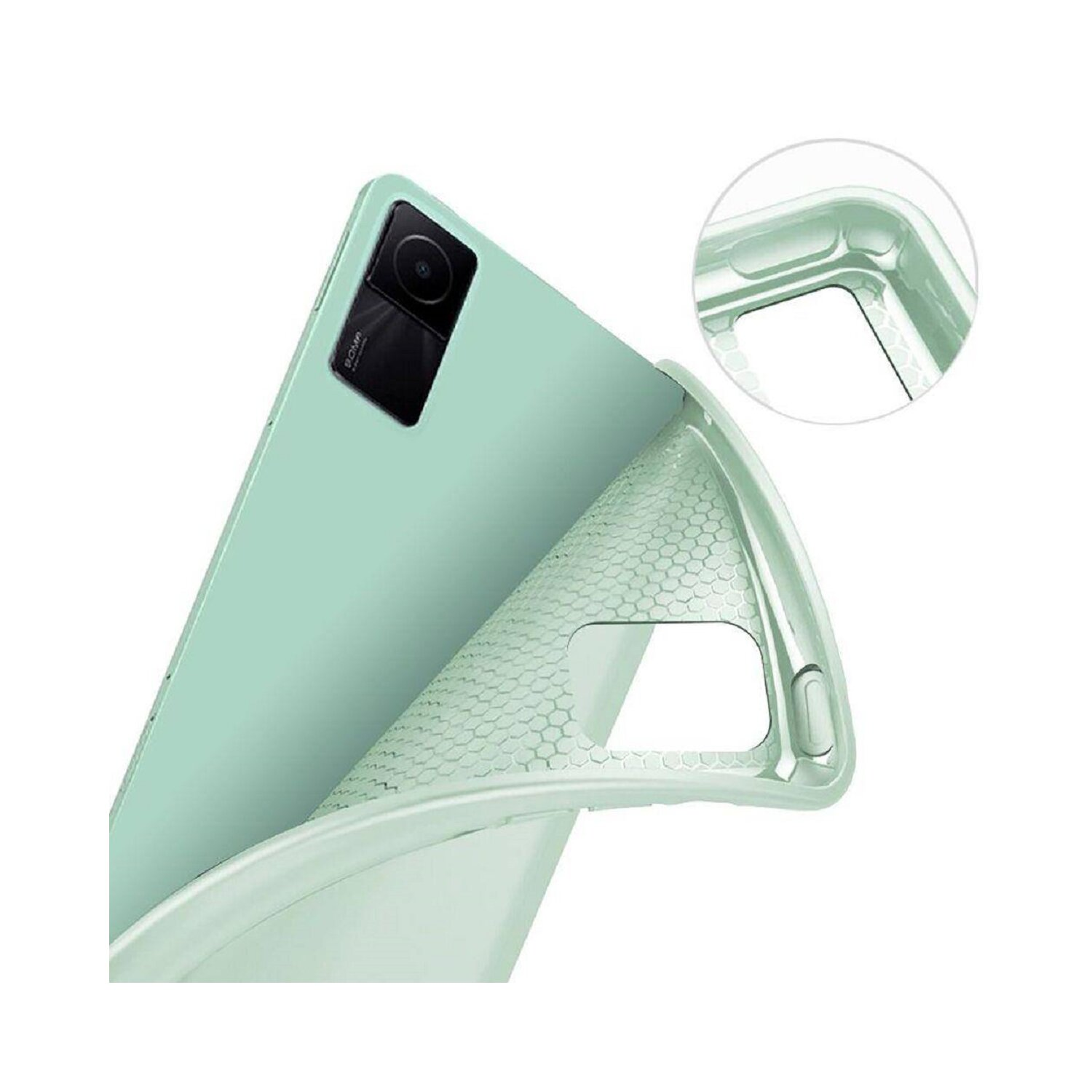 Minzgrüne Handyhülle mit Telefon. Die Hülle zeigt ein Wabenmuster auf der Innenseite.