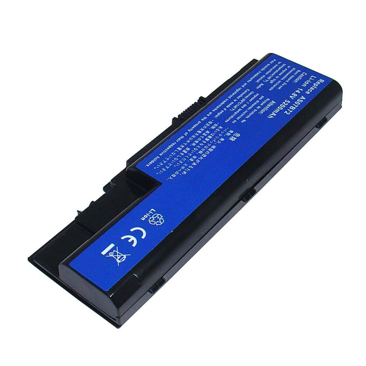 Batteria per laptop nera con etichetta blu e testo, circondata da avvisi di sicurezza.