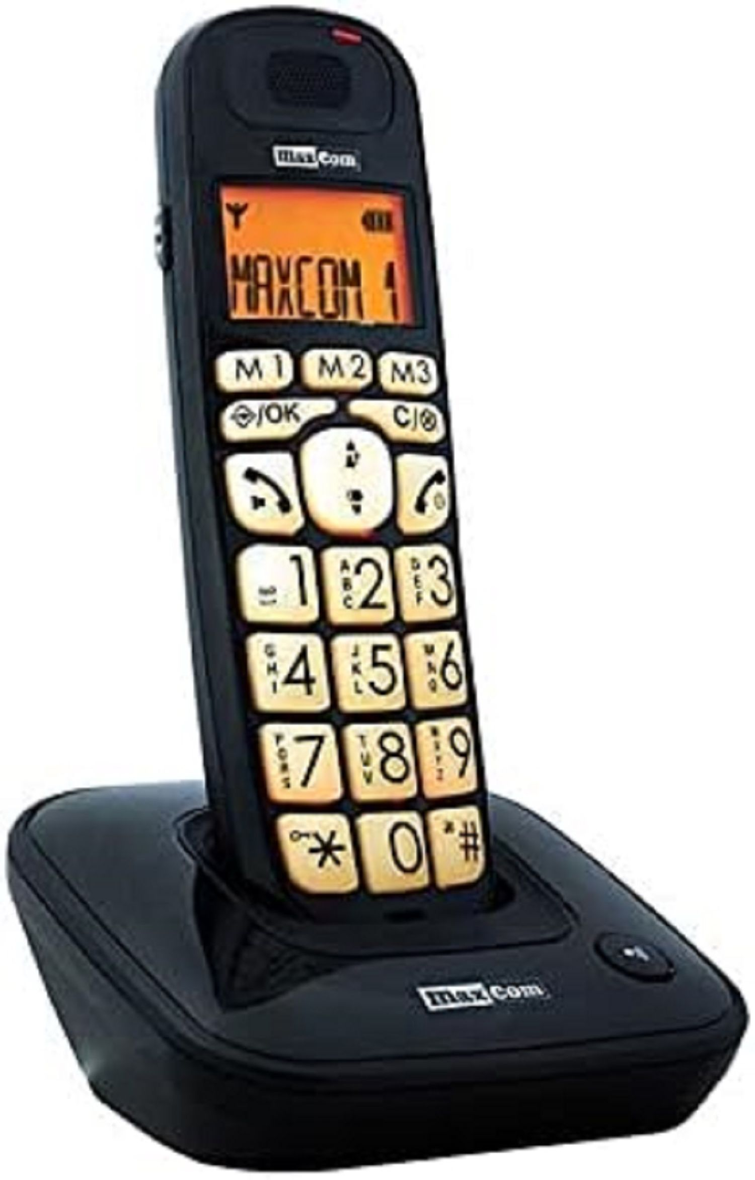 Telefono cordless nero con base. Ha pulsanti grandi e uno schermo che mostra 'MAXCOM 1'.