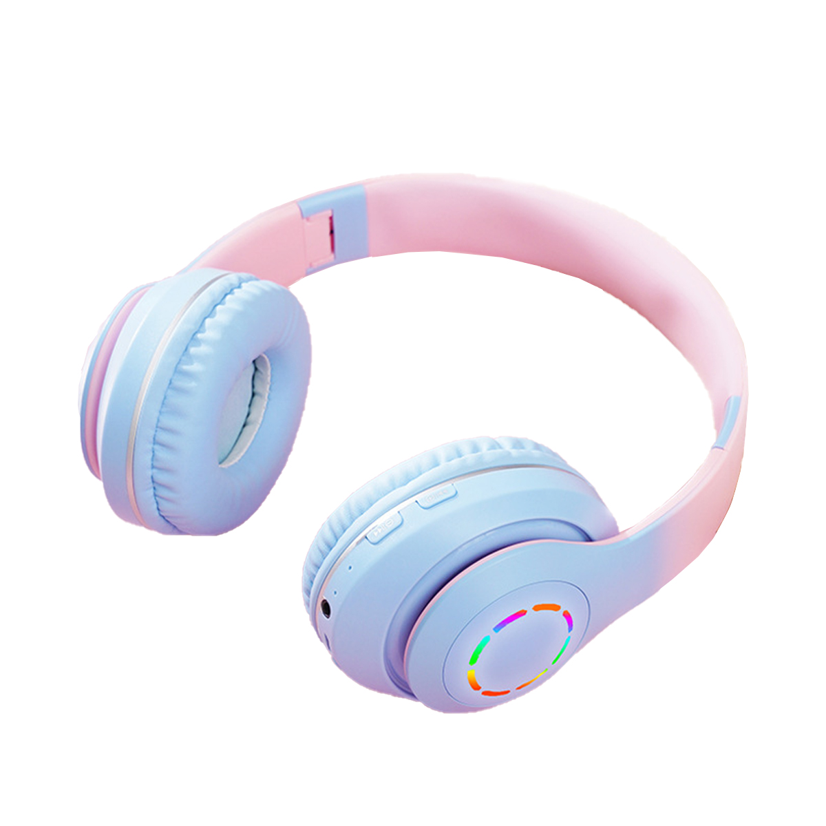 Blau-rosa Kopfhörer mit einem Regenbogenlichtkreis an der Seite.
