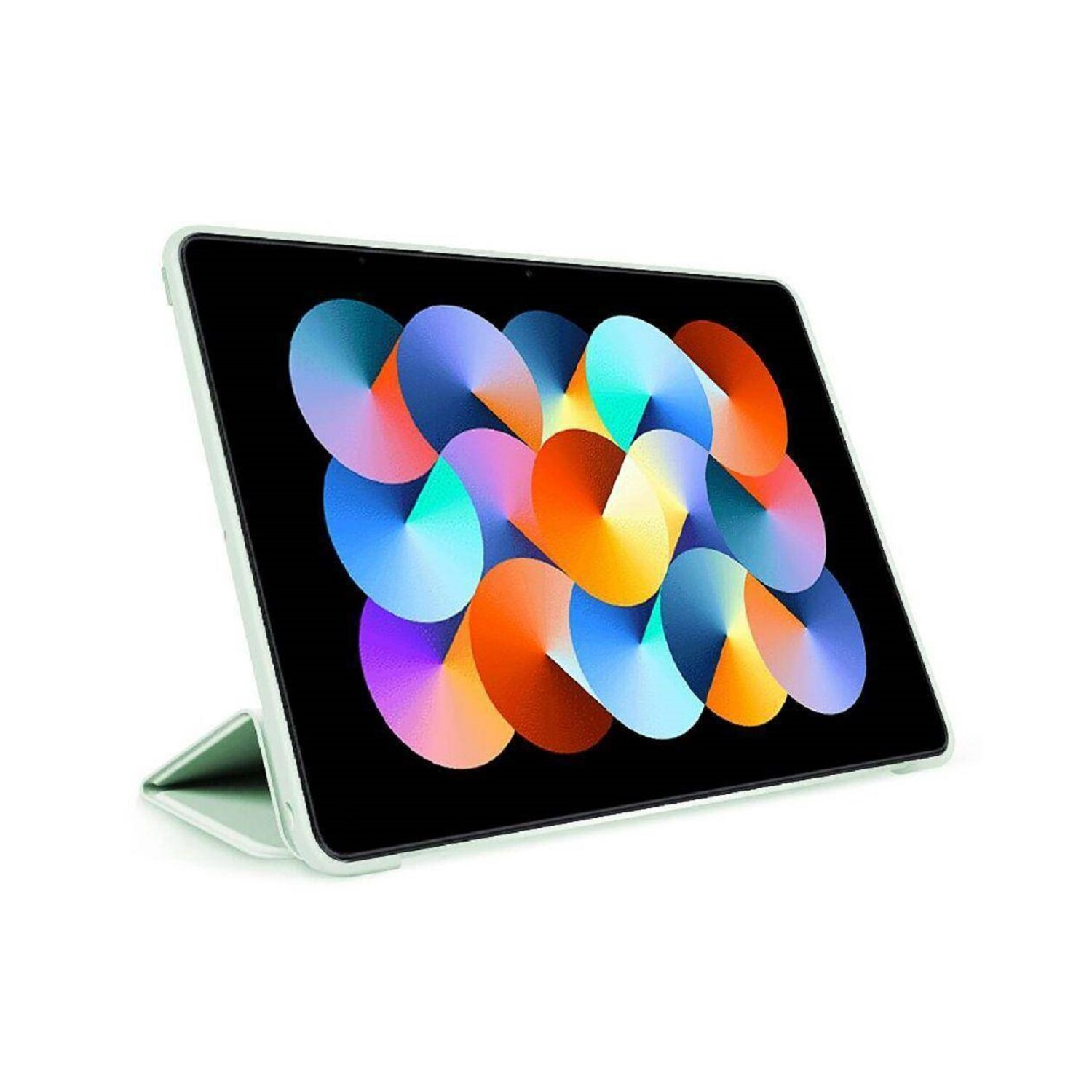 Tablet mit einem bunten, abstrakten Design auf dem Bildschirm. Es befindet sich in einer Hülle.
