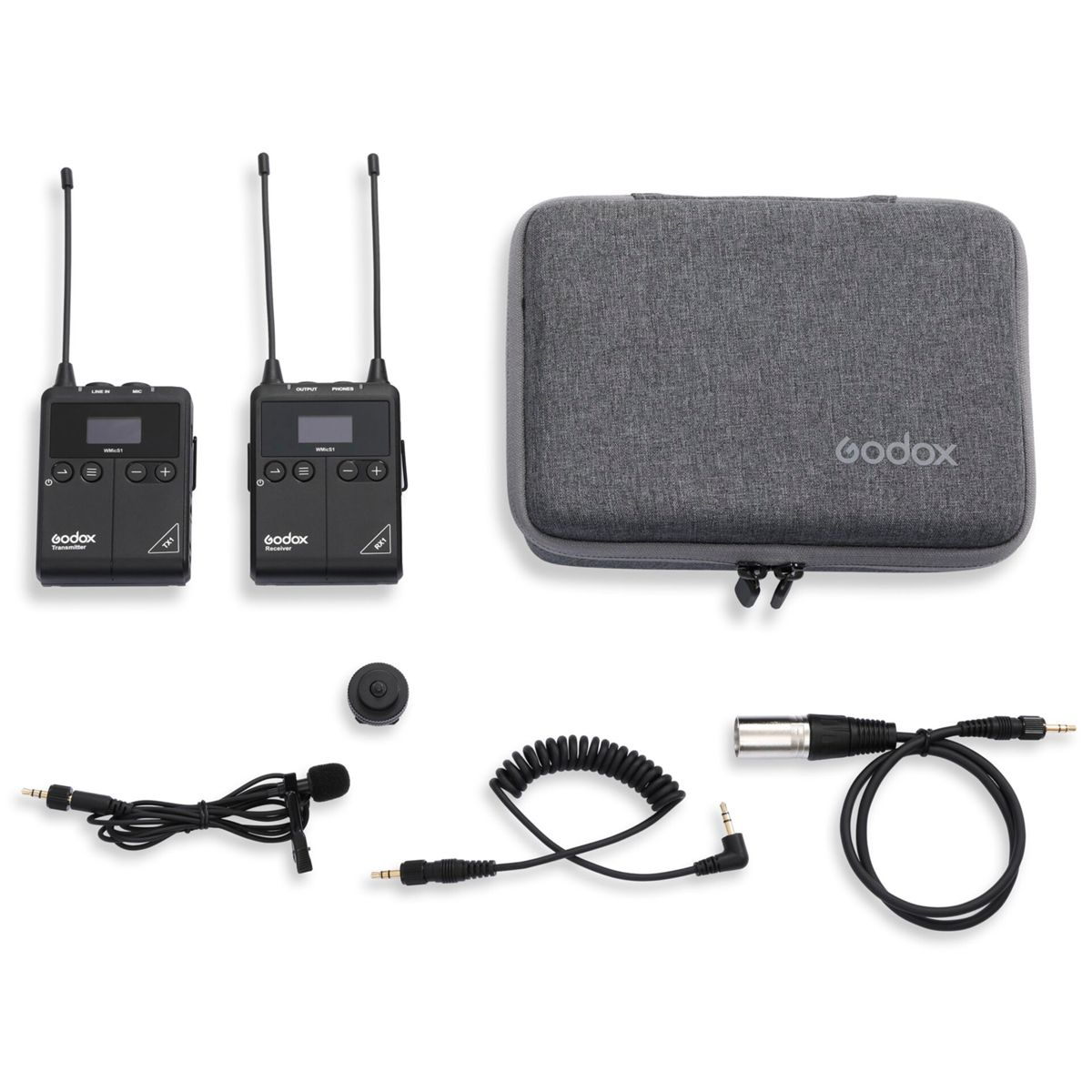 Godox Audio-Kit. Enthält zwei Sender, einen Empfänger, eine Tasche, ein Mikrofon und Kabel.